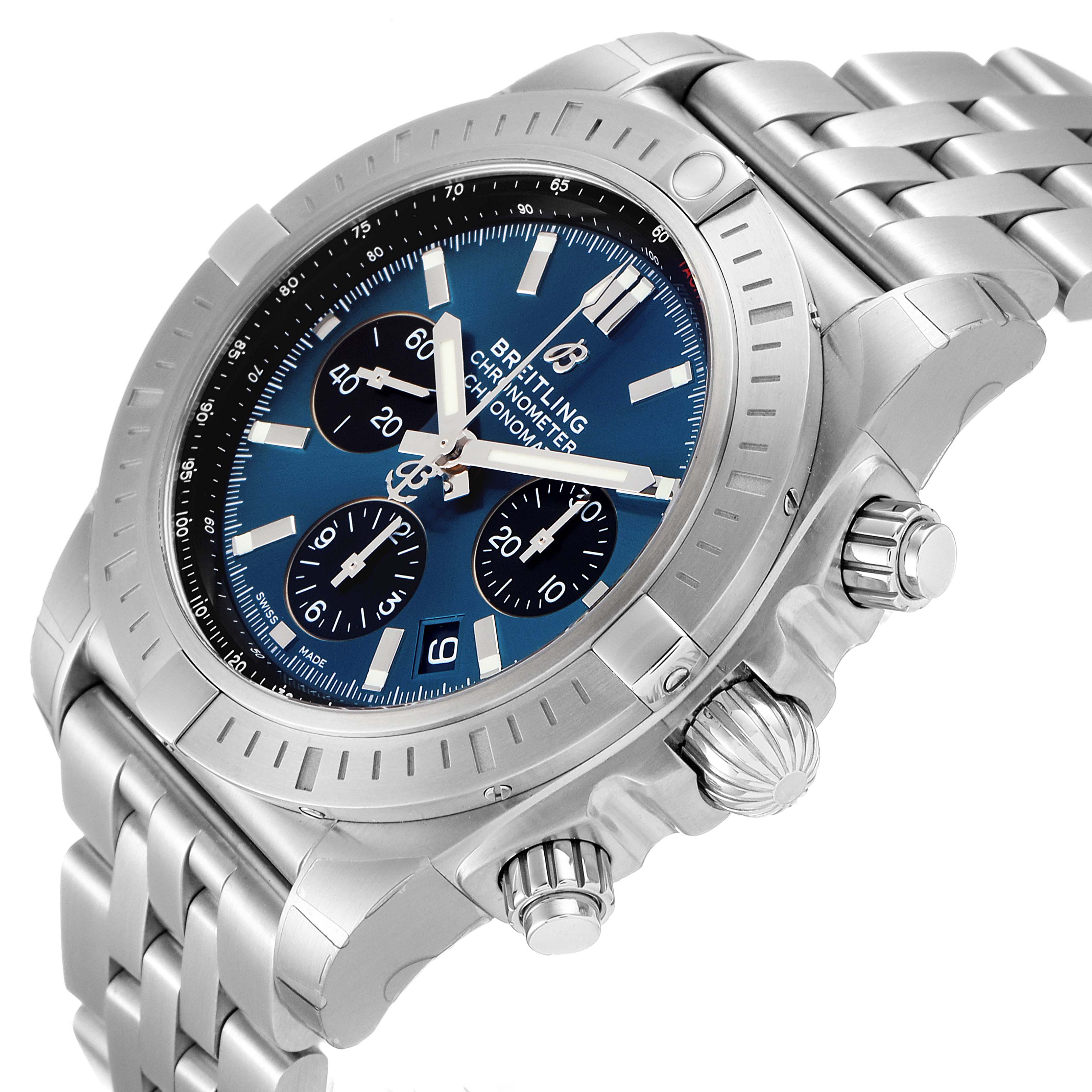 The Breitling Chronomat AB0115 Men
s Stainless Steel Blue Dial AB0115 Men
s Stainless Steel Blue Dial watch is shown at a slight angle, displaying its face, bezel, crown, and strap.