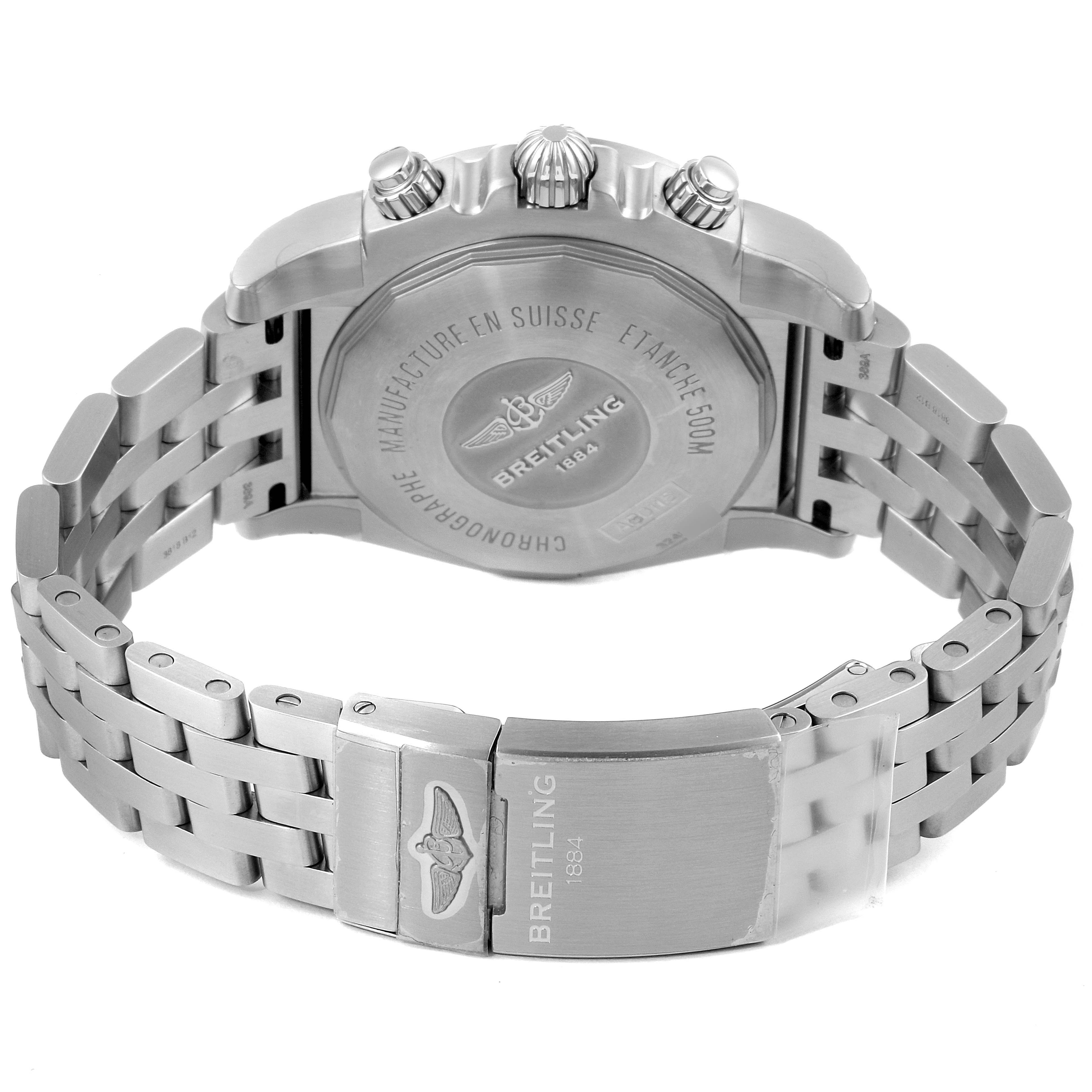 The image shows the back and clasp of a Breitling Chronomat AB0115 Men
s Stainless Steel Blue Dial AB0115 Men
s Stainless Steel Blue Dial watch, highlighting its stainless steel bracelet and case back engravings.