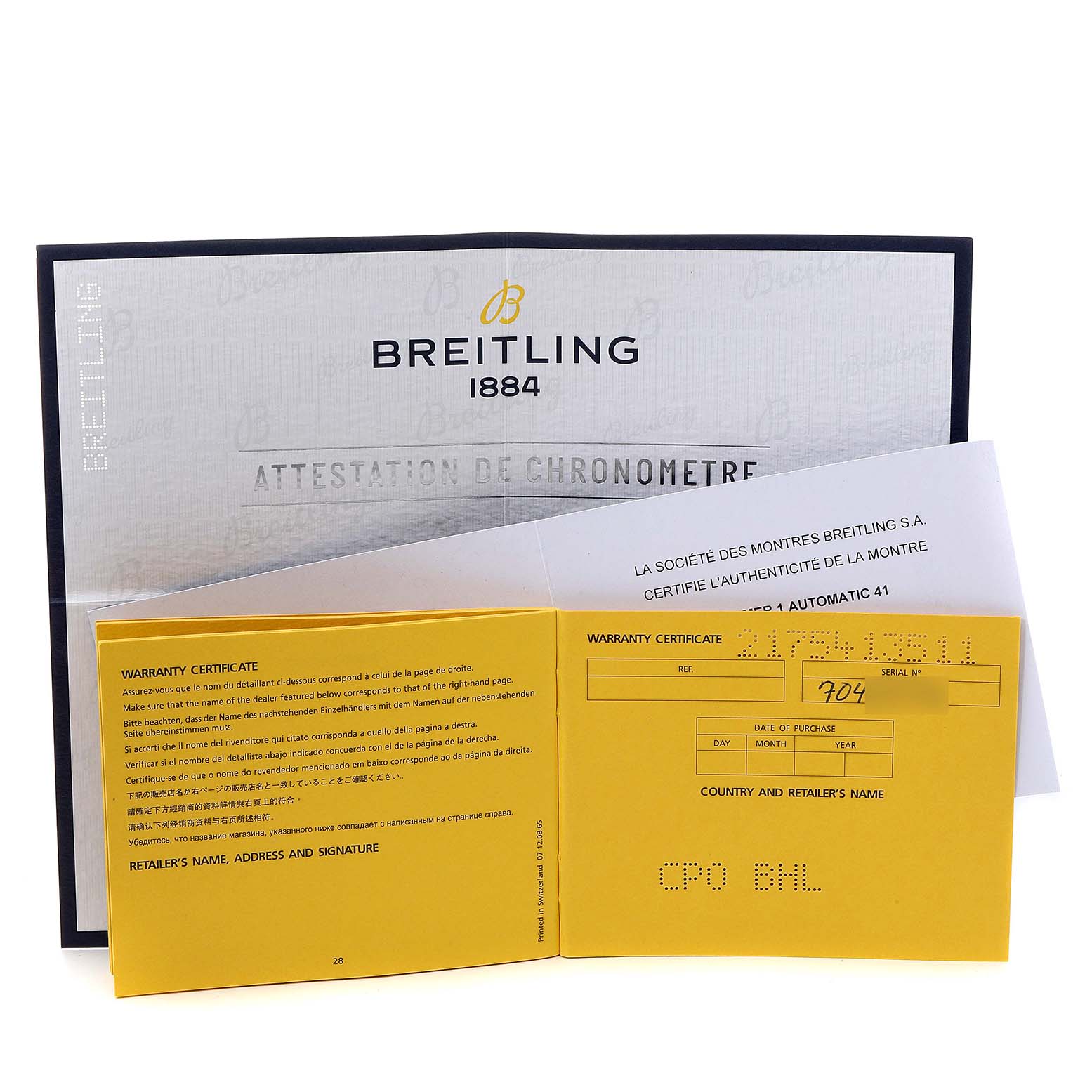 The image shows warranty and chronometer certificates for a Breitling Navitimer U17326211M1P1 Men's Stainless Steel Grey Dial U17326211M1P1 Men's Stainless Steel Grey Dial watch, displayed partially open with legible details.