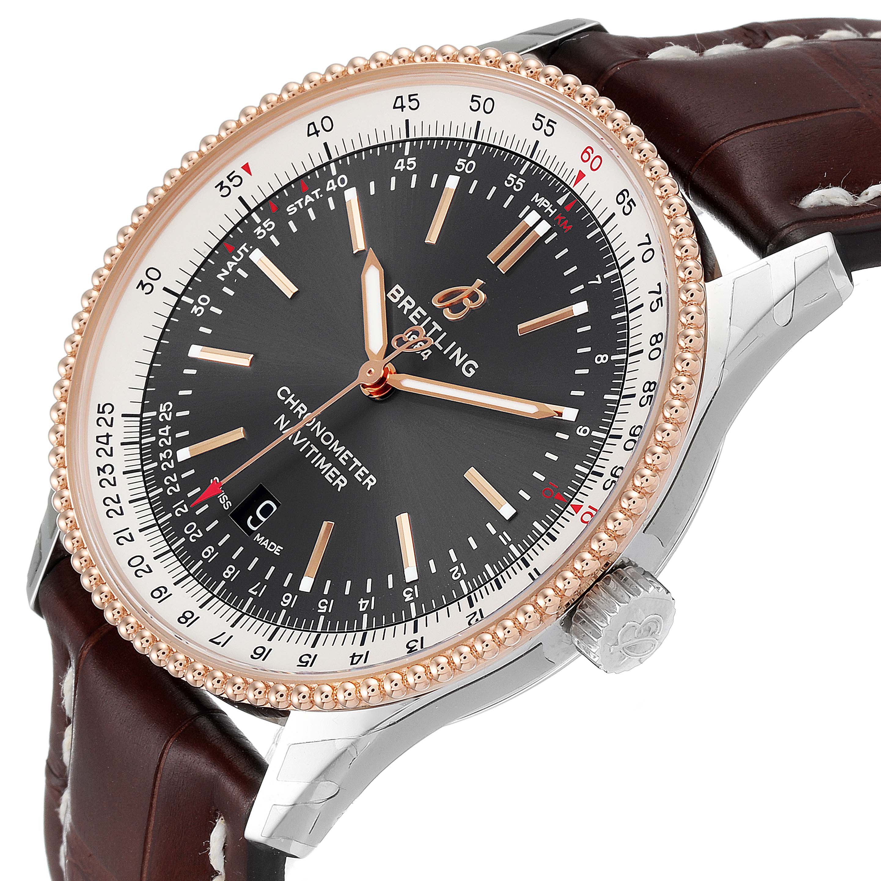 The image shows a Breitling Navitimer U17326211M1P1 Men's Stainless Steel Grey Dial U17326211M1P1 Men's Stainless Steel Grey Dial watch at an angled top view, displaying the dial, bezel, crown, and leather strap.