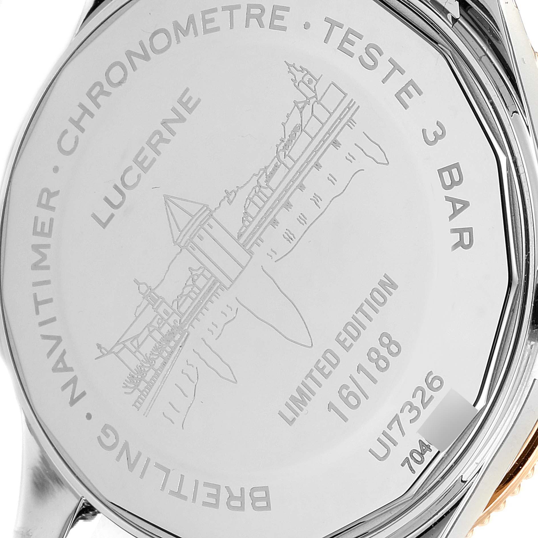 This image shows the case back of a Breitling Navitimer U17326211M1P1 Men's Stainless Steel Grey Dial U17326211M1P1 Men's Stainless Steel Grey Dial watch, highlighting its limited edition engraving and branding.