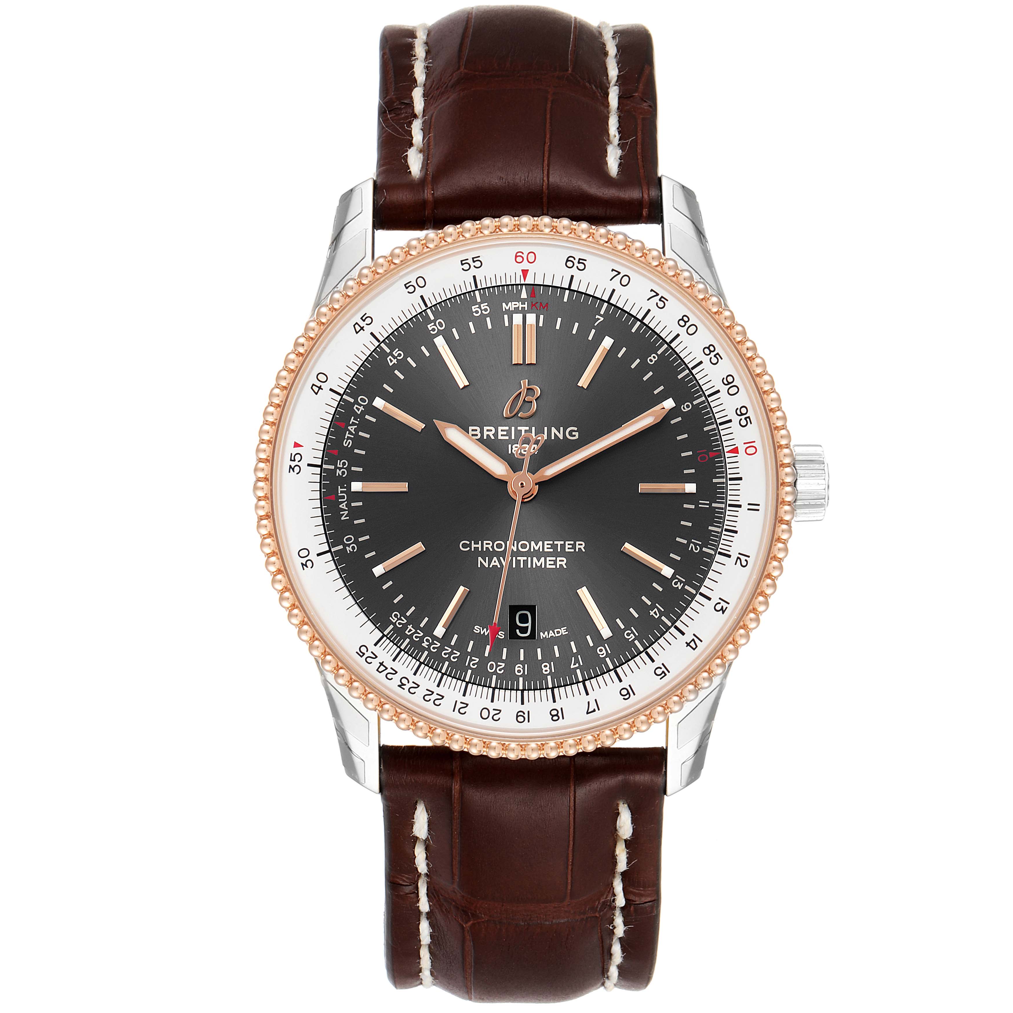 The Breitling Navitimer U17326211M1P1 Men's Stainless Steel Grey Dial U17326211M1P1 Men's Stainless Steel Grey Dial model is shown from a front angle, displaying the dial, case, bezel, and leather strap.