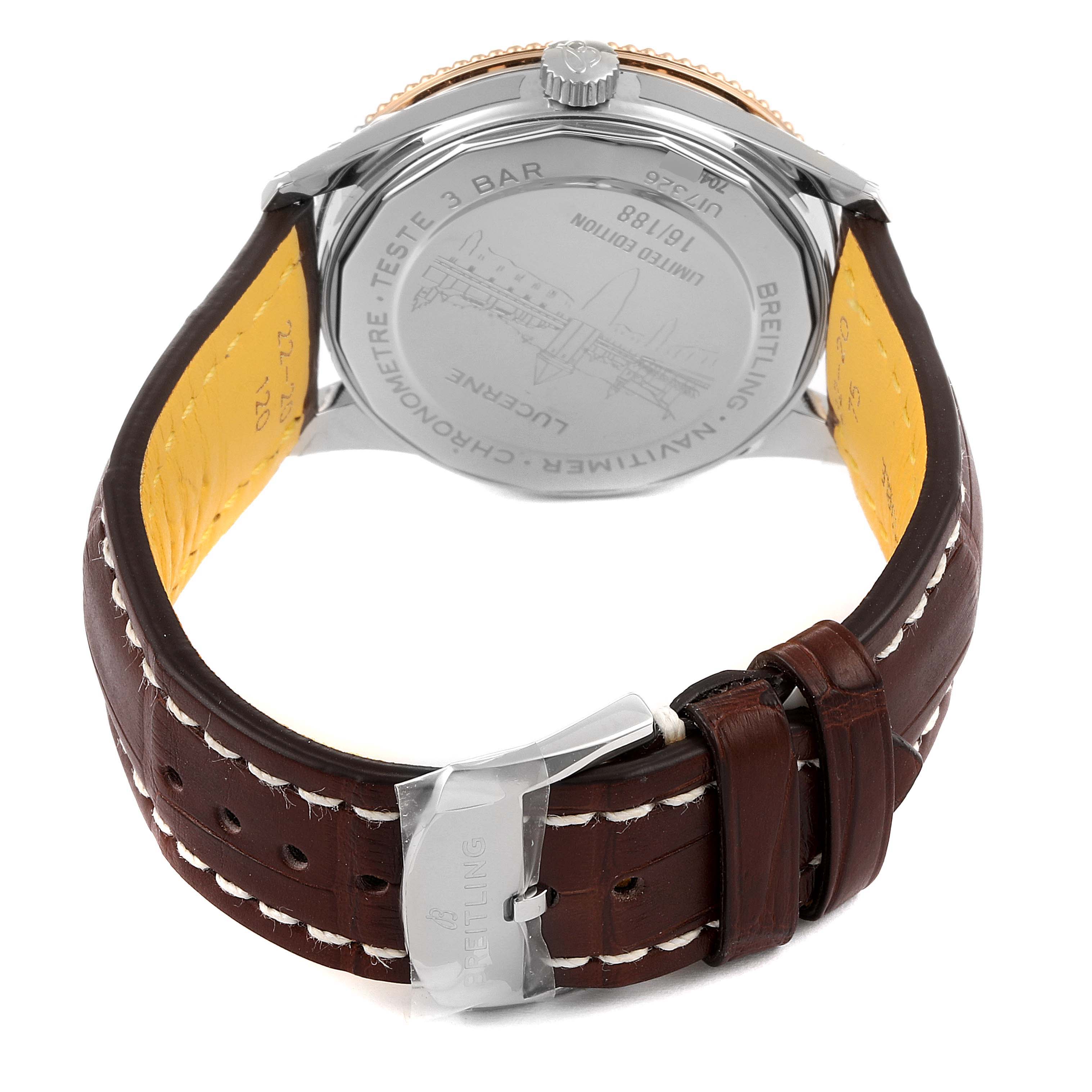 The image shows the back case and brown leather strap of the Breitling Navitimer U17326211M1P1 Men's Stainless Steel Grey Dial U17326211M1P1 Men's Stainless Steel Grey Dial watch.
