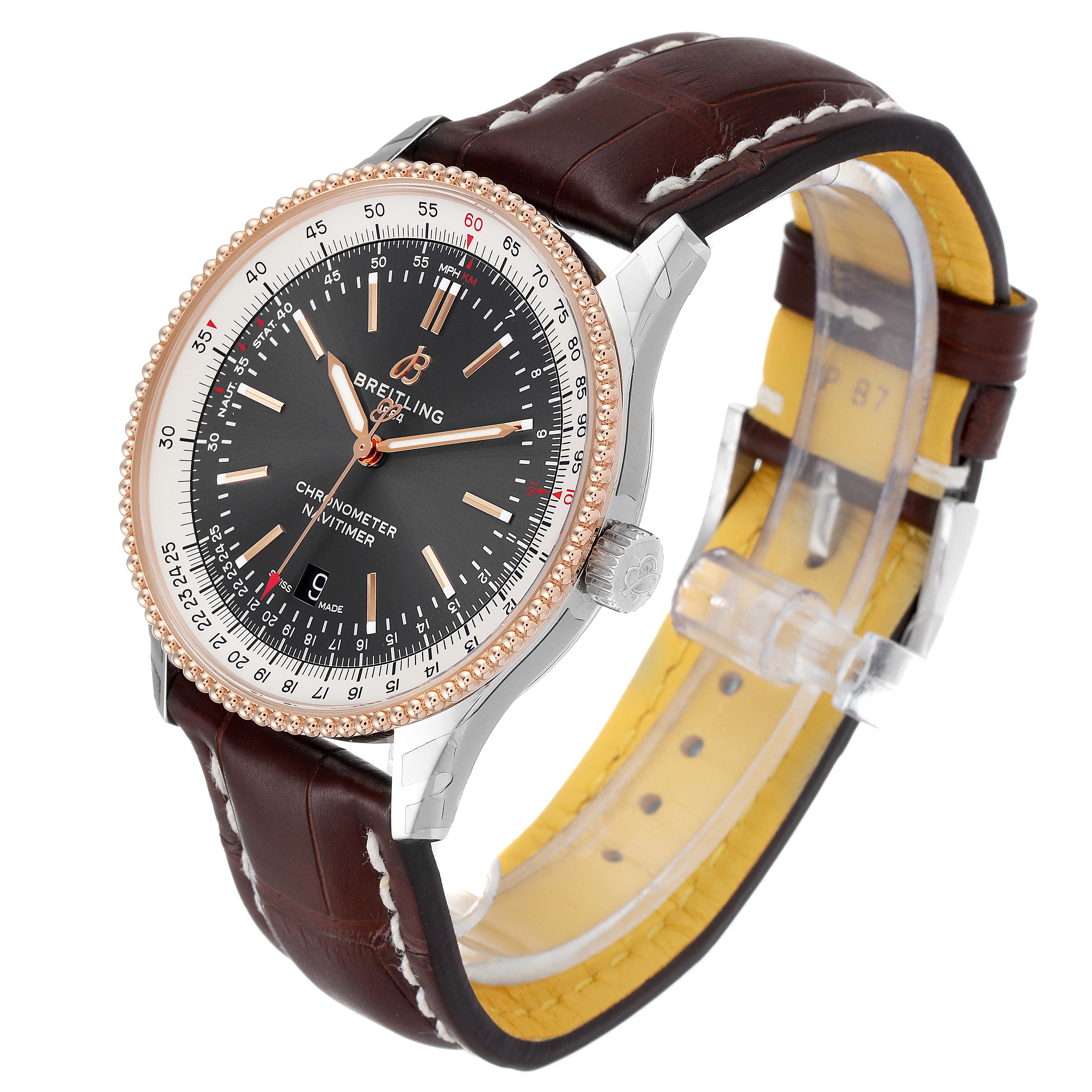 The image shows a Breitling Navitimer U17326211M1P1 Men's Stainless Steel Grey Dial U17326211M1P1 Men's Stainless Steel Grey Dial watch at a slight angle, highlighting its face, bezel, crown, and leather strap.