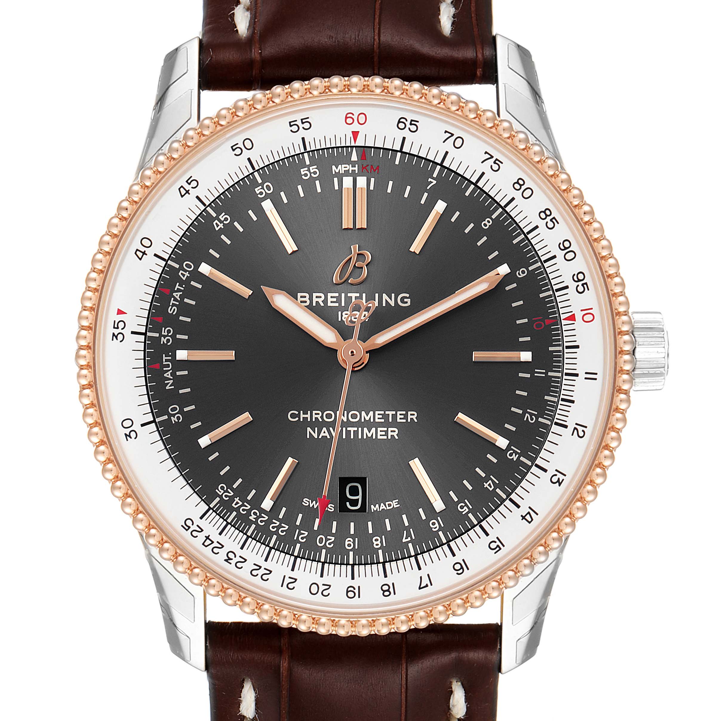 This image shows a front view of the Breitling Navitimer U17326211M1P1 Men's Stainless Steel Grey Dial U17326211M1P1 Men's Stainless Steel Grey Dial watch, highlighting its face, bezel, and leather strap.