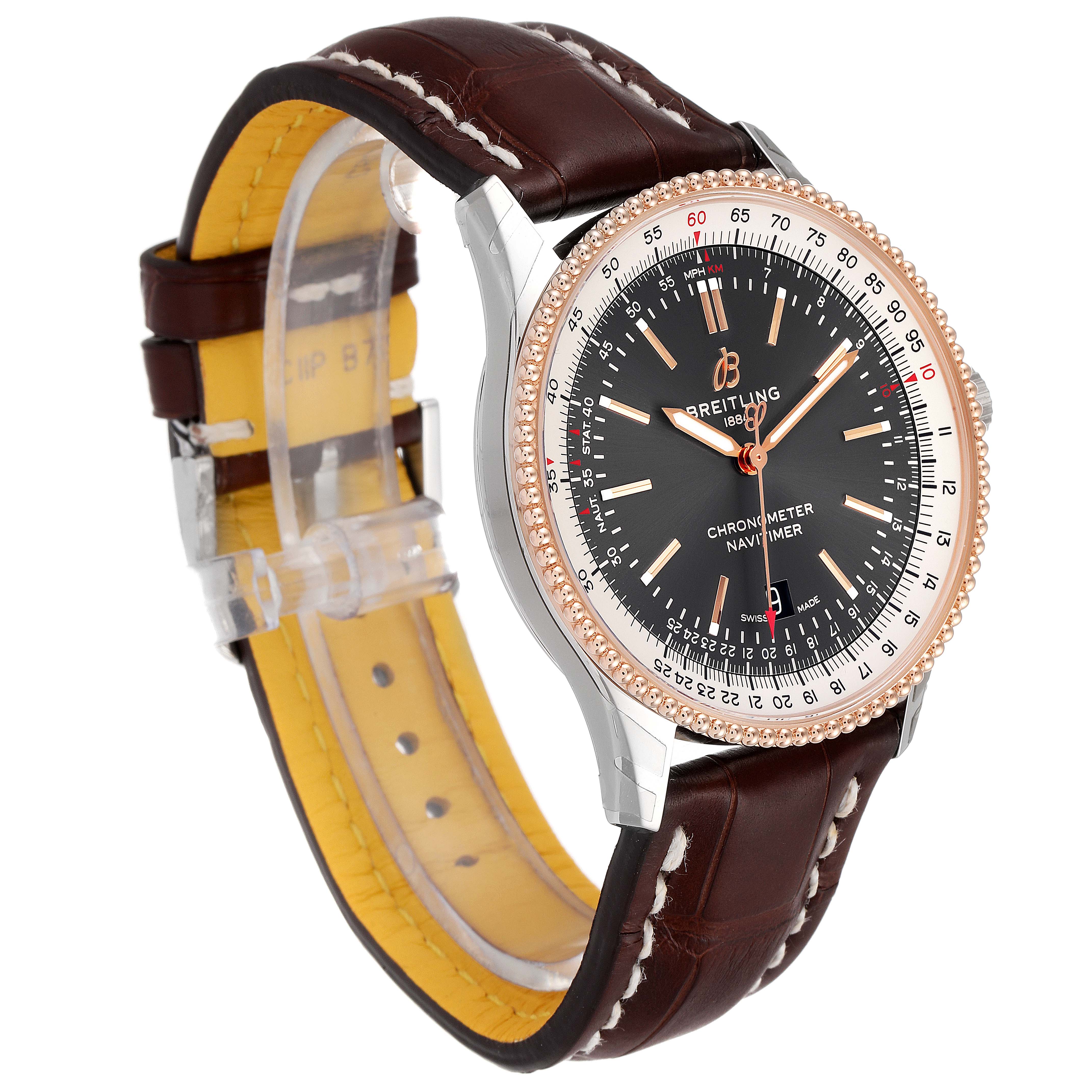 The image shows a Breitling Navitimer U17326211M1P1 Men's Stainless Steel Grey Dial U17326211M1P1 Men's Stainless Steel Grey Dial watch at a three-quarter angle, highlighting its face, bezel, and leather strap.
