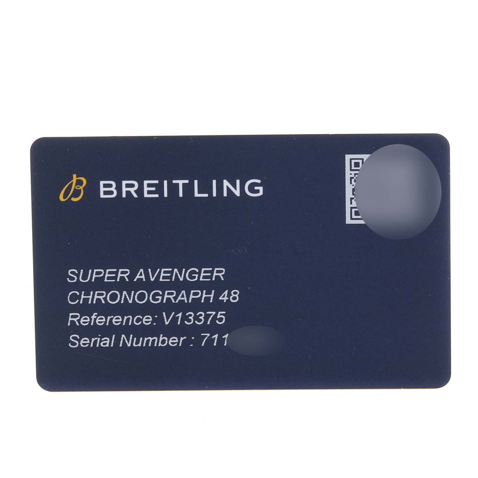 The image shows a Breitling Super Avenger Chronograph 48 card with reference and serial numbers visible.