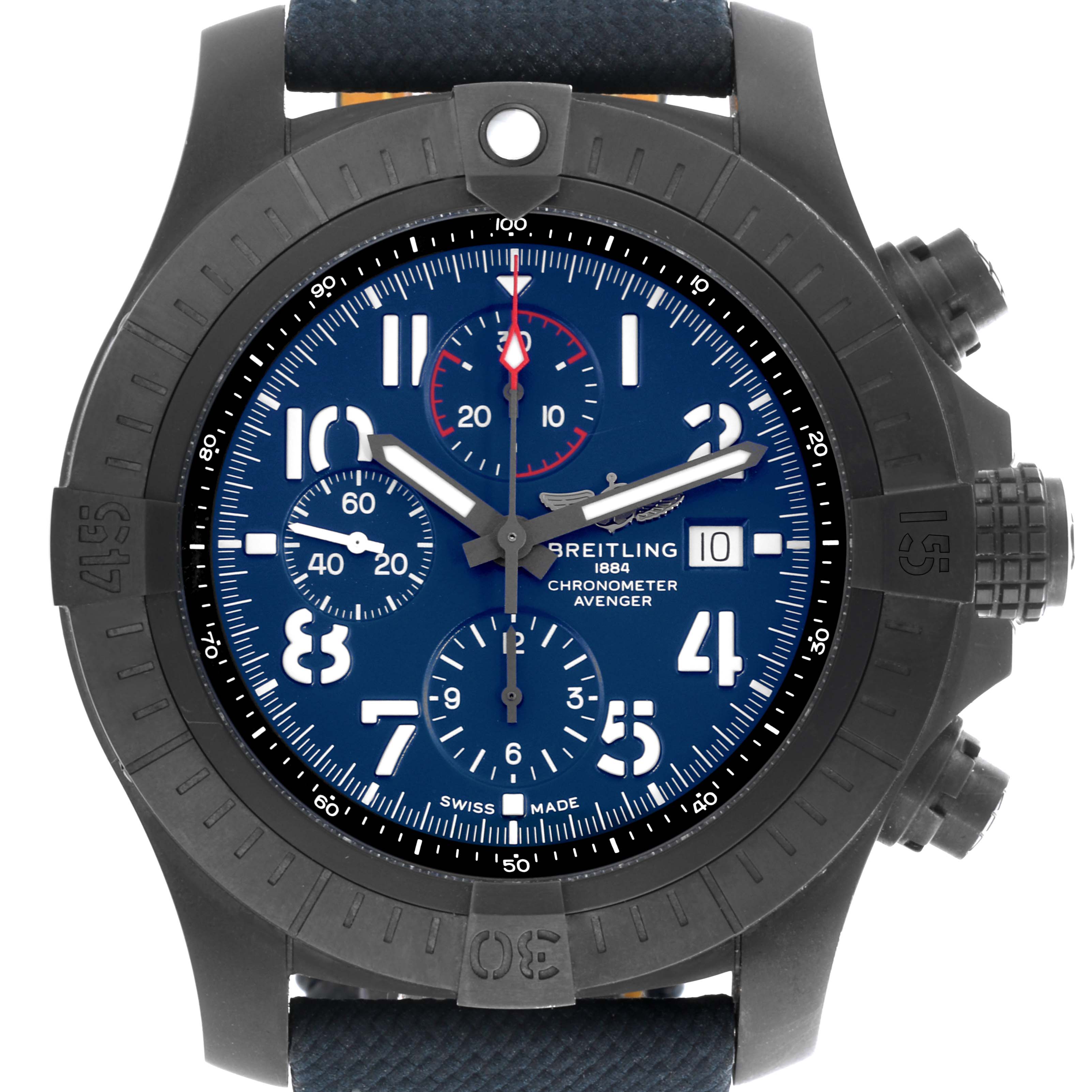 The Breitling Avenger V13375101C1X1 Men's Titanium Blue Dial V13375101C1X1 Men's Titanium Blue Dial watch is shown from a front angle, displaying its dial, bezel, and pushers clearly.