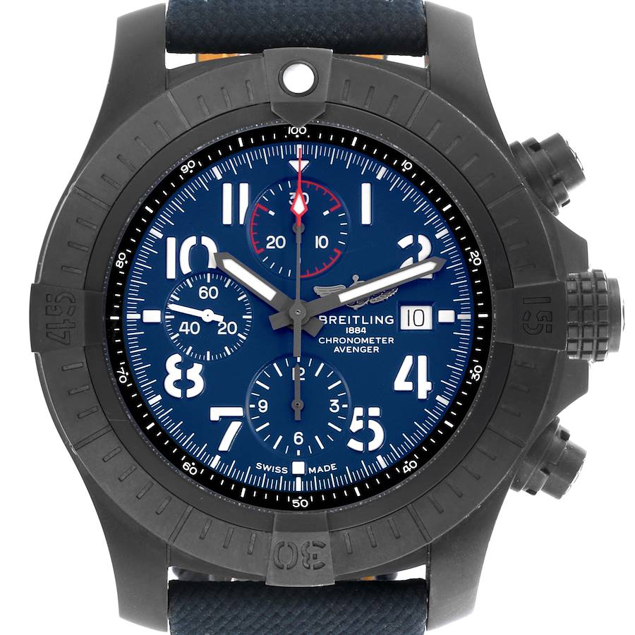 The Breitling Avenger watch is shown from a front angle, displaying its dial, bezel, and pushers clearly.