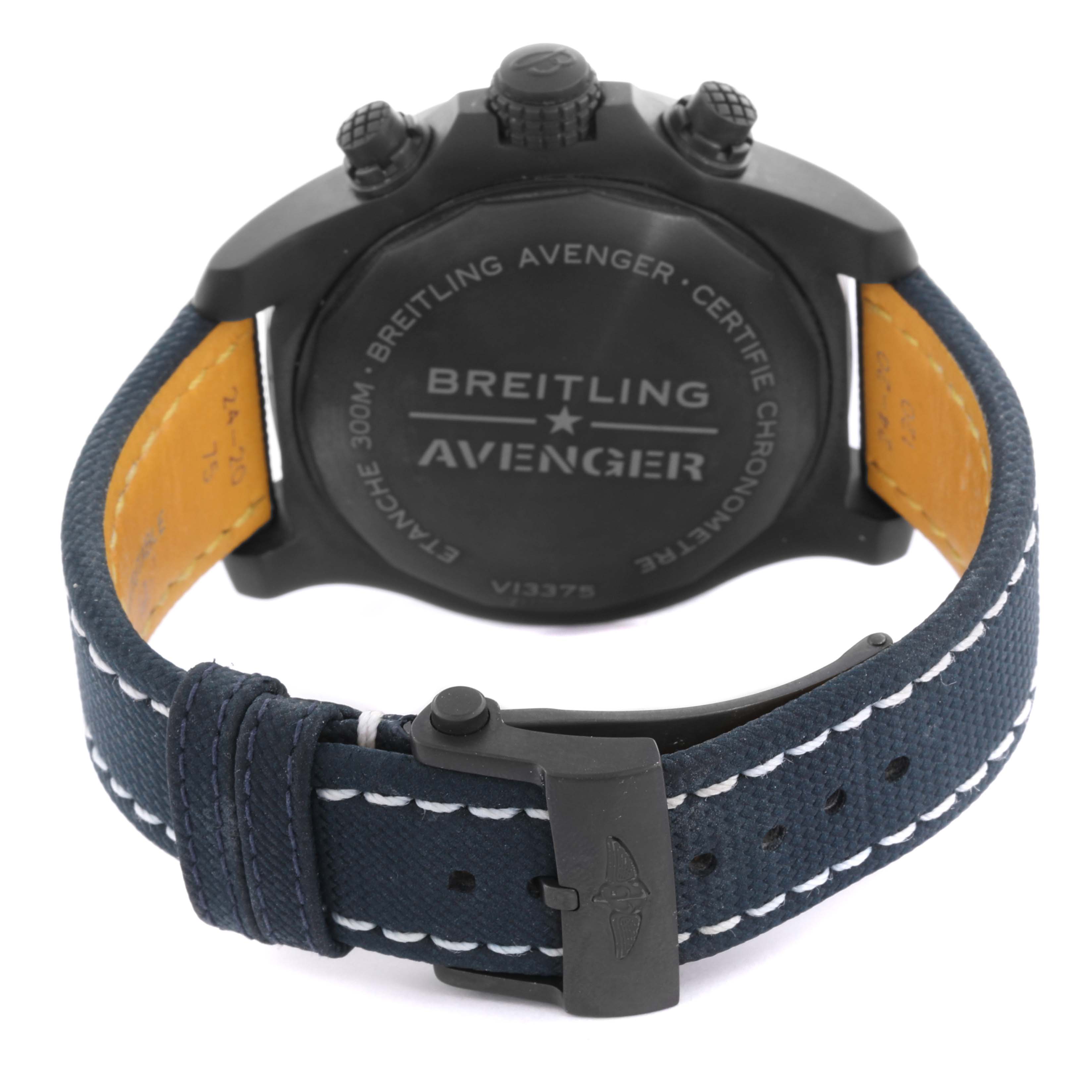 The image shows the back and strap of a Breitling Avenger V13375101C1X1 Men's Titanium Blue Dial V13375101C1X1 Men's Titanium Blue Dial watch, highlighting the case, buckle, and stitching.