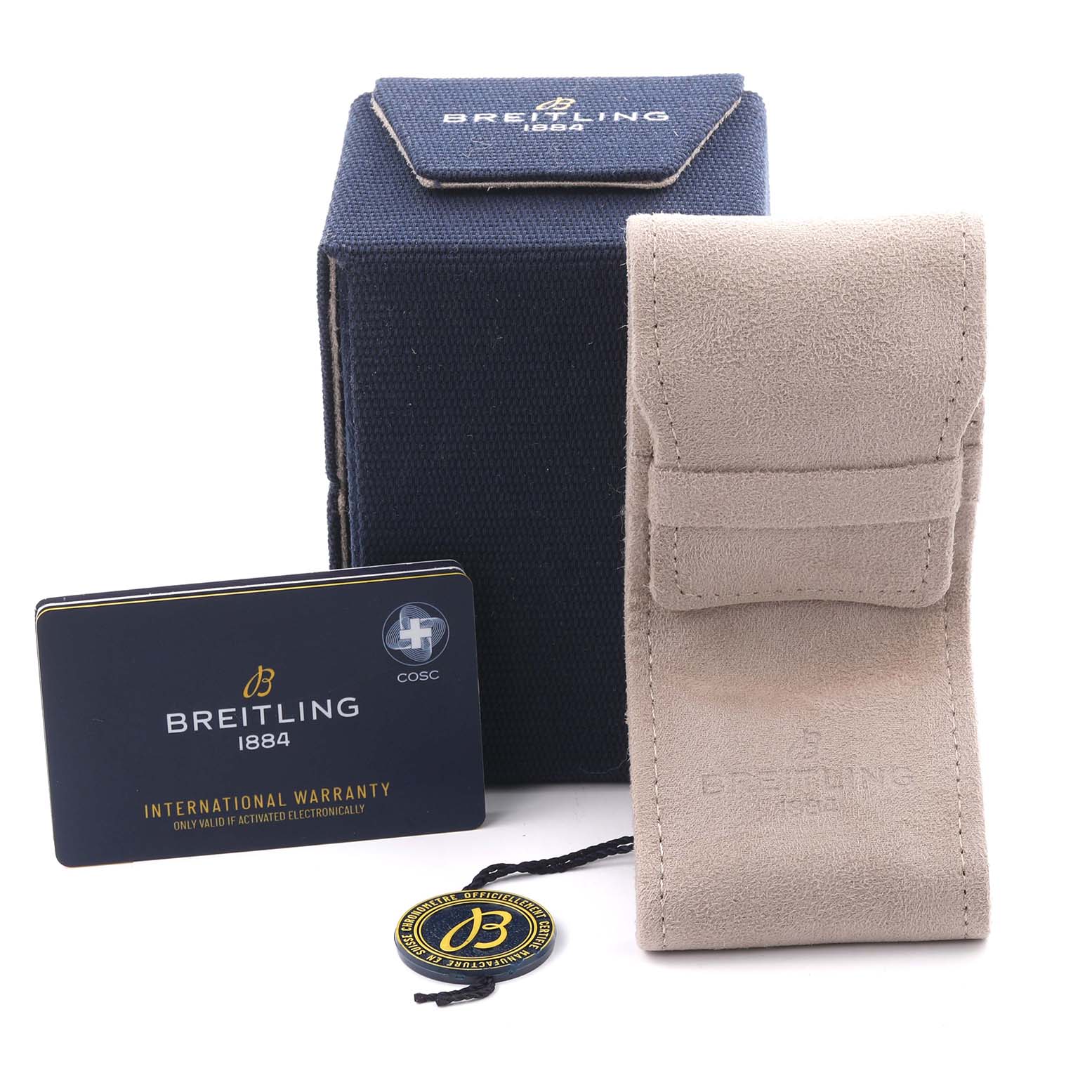 The image shows Breitling Avenger V13375101C1X1 Men's Titanium Blue Dial V13375101C1X1 Men's Titanium Blue Dial accessories, including a box, a leather pouch, a warranty card, and a tag.