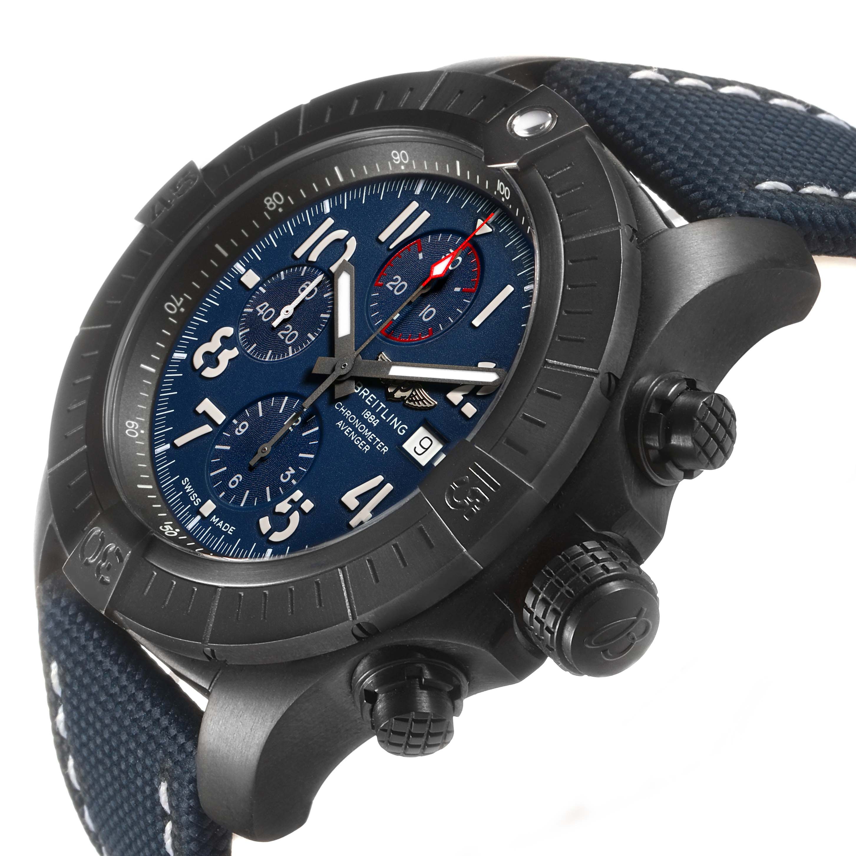 The Breitling Avenger V13375101C1X1 Men's Titanium Blue Dial watch is shown at an angled side view, highlighting the bezel, dial, and pushers.