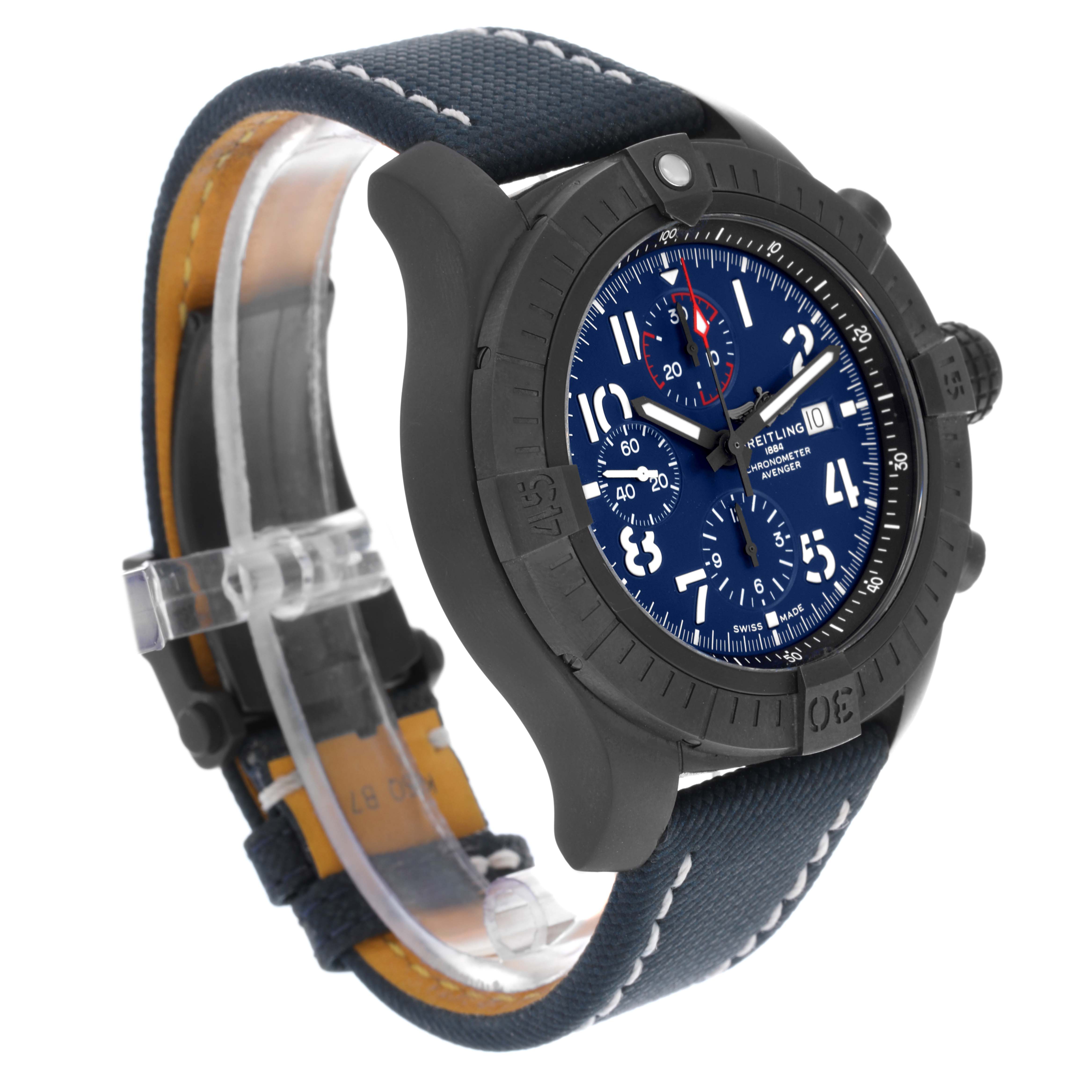 The Breitling Avenger V13375101C1X1 Men's Titanium Blue Dial V13375101C1X1 Men's Titanium Blue Dial watch is shown at a three-quarter angle, highlighting its blue dial, black bezel, and fabric strap.