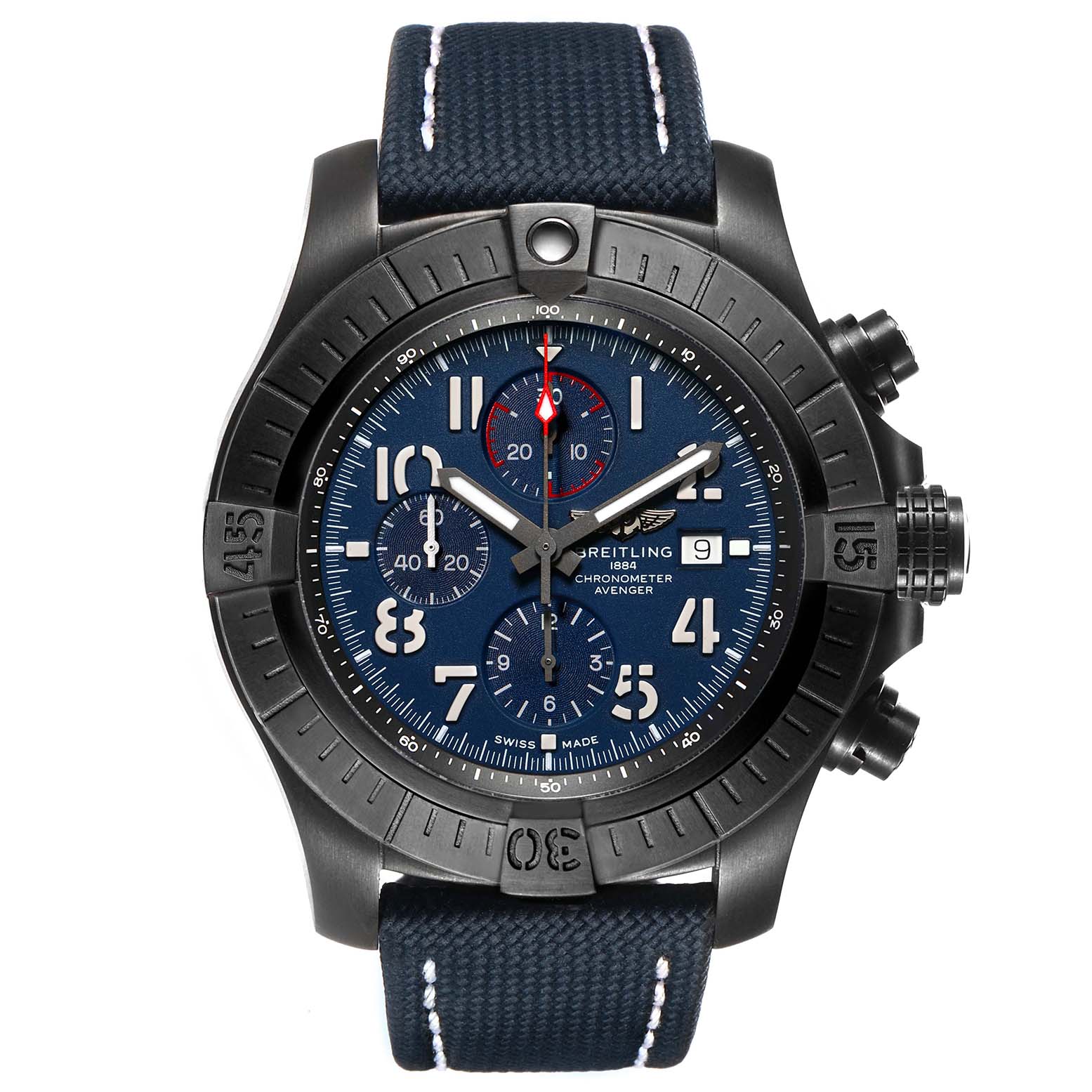 The Breitling Avenger V13375101C1X1 Men's Titanium Blue Dial watch is shown from the front, displaying its face, bezel, and blue strap.