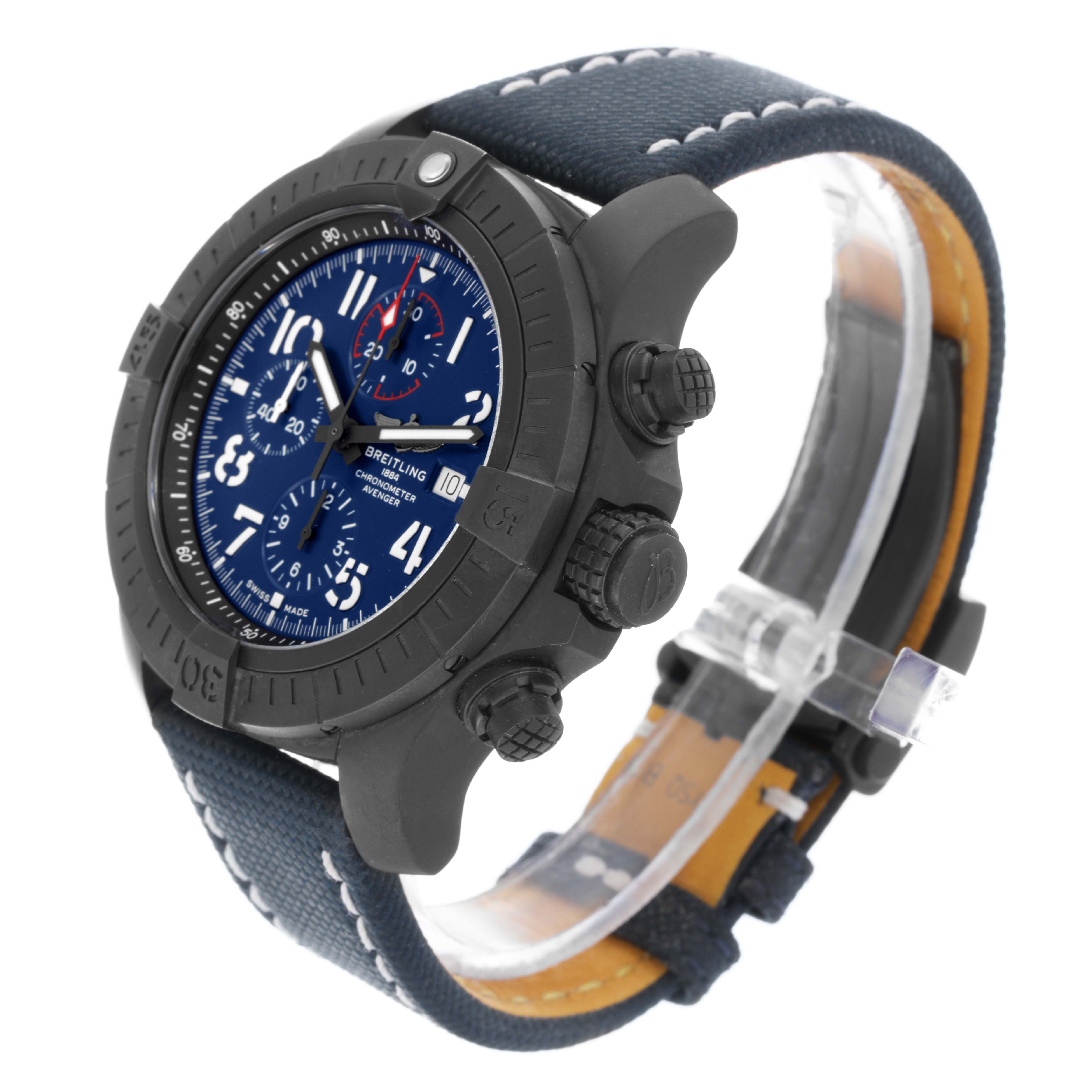 The Breitling Avenger V13375101C1X1 Men's Titanium Blue Dial V13375101C1X1 Men's Titanium Blue Dial watch is shown at a slight angle, displaying its face, bezel, and strap.