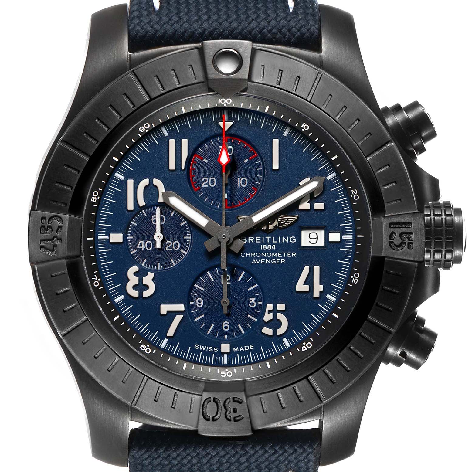 The Breitling Avenger V13375101C1X1 Men's Titanium Blue Dial watch is shown from a front angle, displaying its face, bezel, and chronograph features.