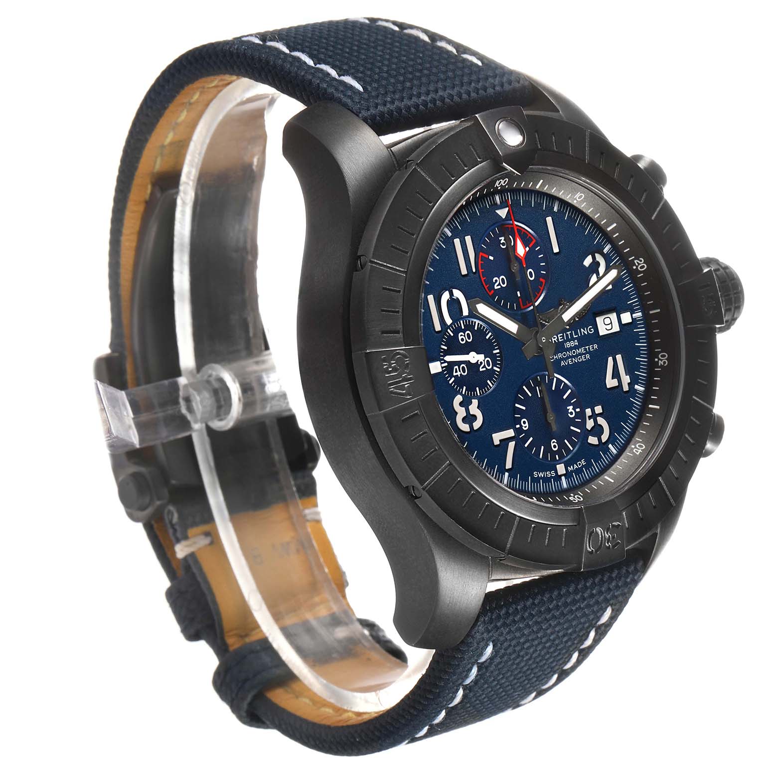 The Breitling Avenger V13375101C1X1 Men's Titanium Blue Dial watch is shown at a three-quarter angle, highlighting the bezel, case, and strap.