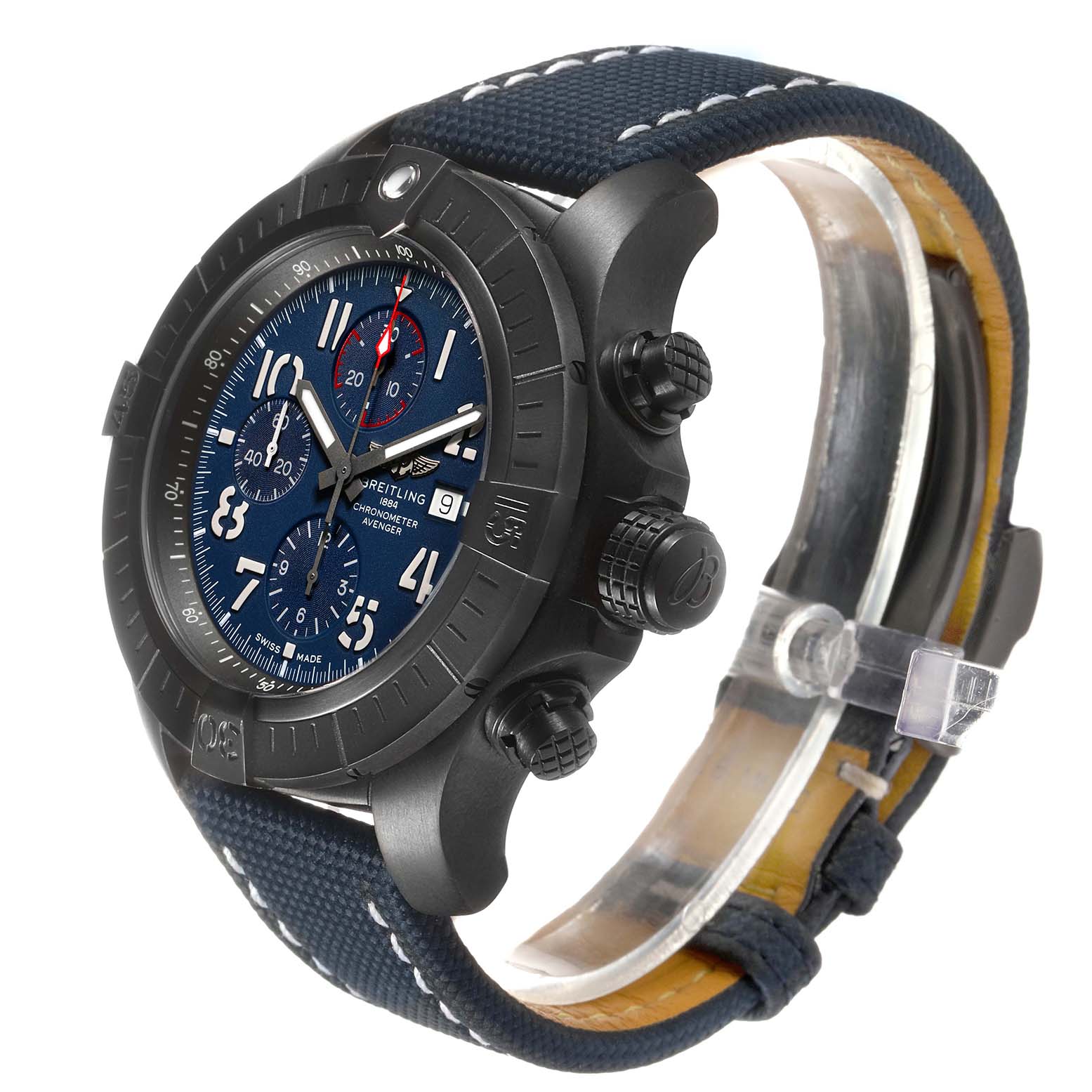 This Breitling Avenger V13375101C1X1 Men's Titanium Blue Dial watch is shown at an angled side-view, highlighting the face, bezel, crown, pushers, and strap.