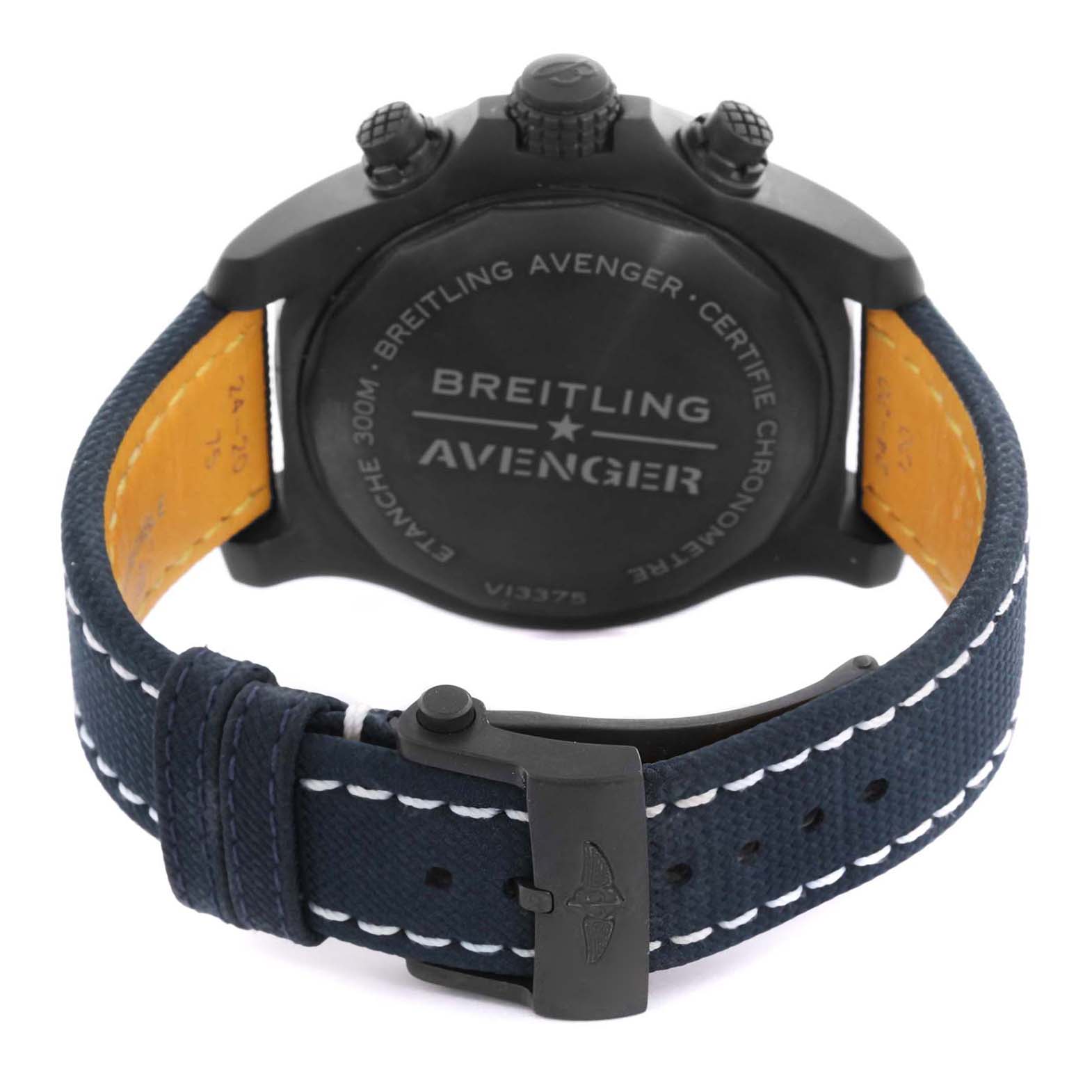 The image shows the back view of a Breitling Avenger V13375101C1X1 Men's Titanium Blue Dial watch, highlighting the case back and strap with a buckle.