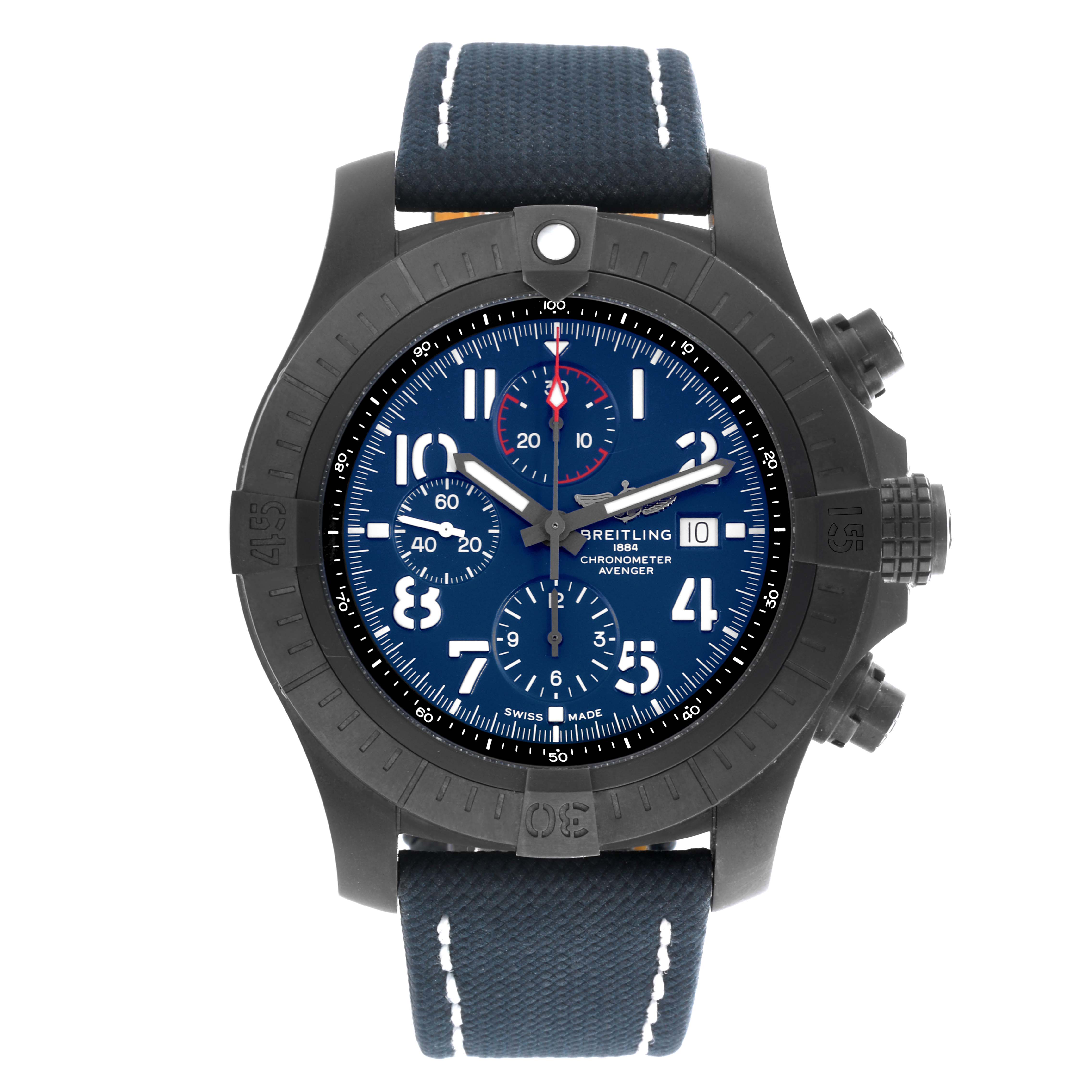 The Breitling Avenger V13375101C1X1 Men's Titanium Blue Dial V13375101C1X1 Men's Titanium Blue Dial watch is shown from a front angle, displaying its blue dial, bezel, and strap.