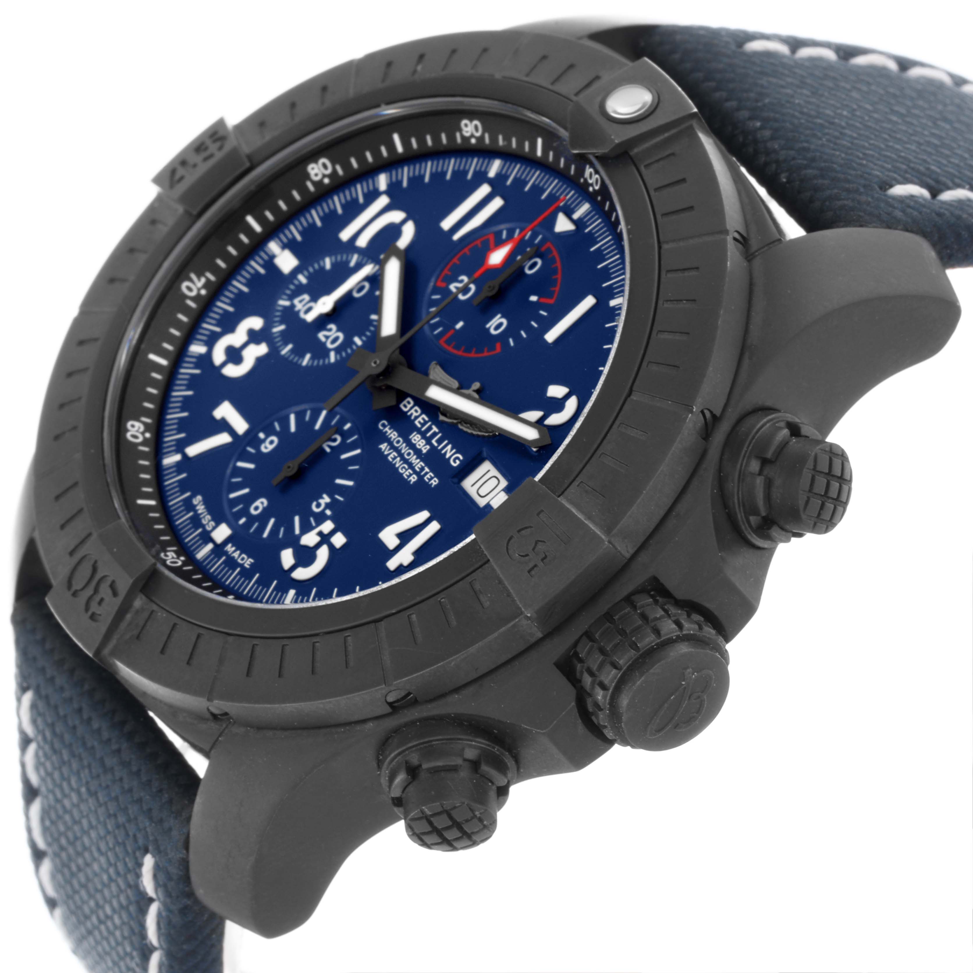 The Breitling Avenger V13375101C1X1 Men's Titanium Blue Dial V13375101C1X1 Men's Titanium Blue Dial watch is shown at an angle highlighting the face, bezel, crown, pushers, and part of the strap.