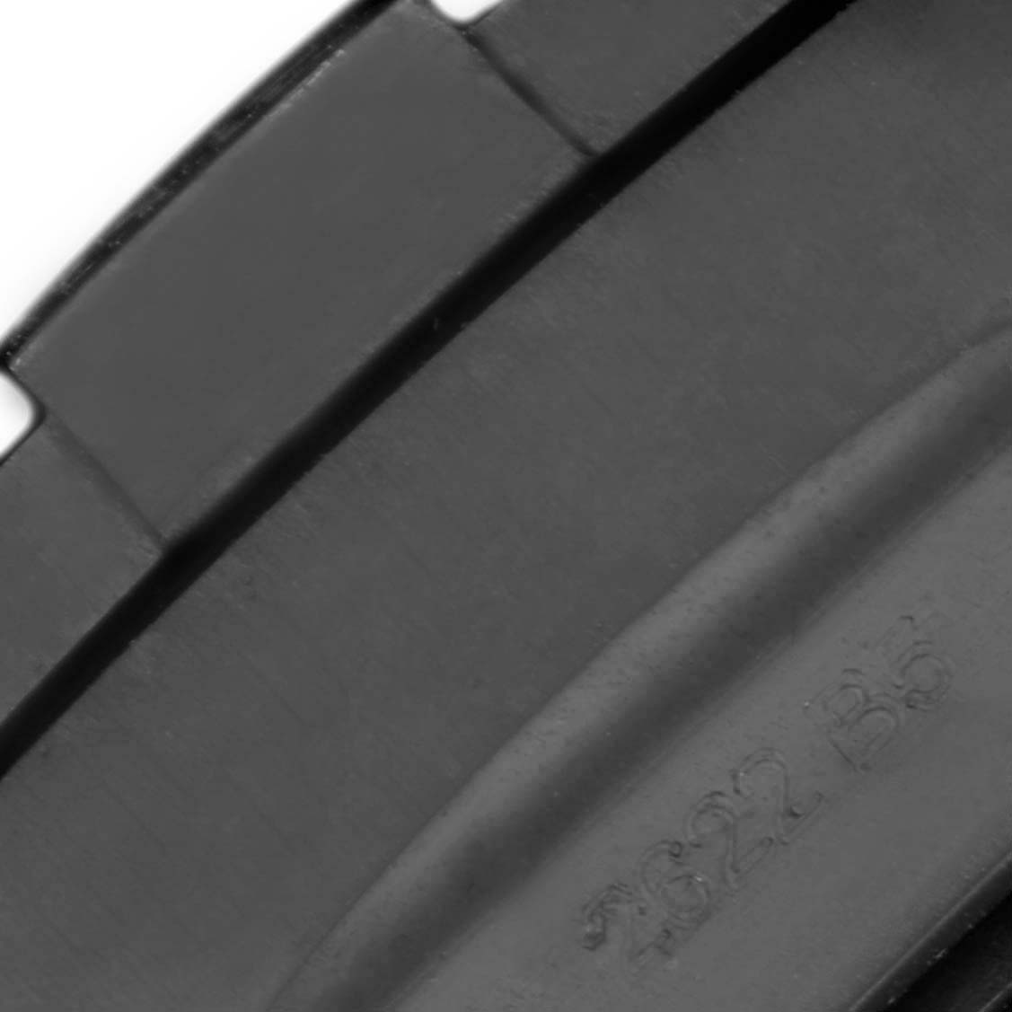 This image shows a close-up of the black rubber strap of a Breitling Avenger V13375101C1X1 Men's Titanium Blue Dial, highlighting the textured band and engraved details.