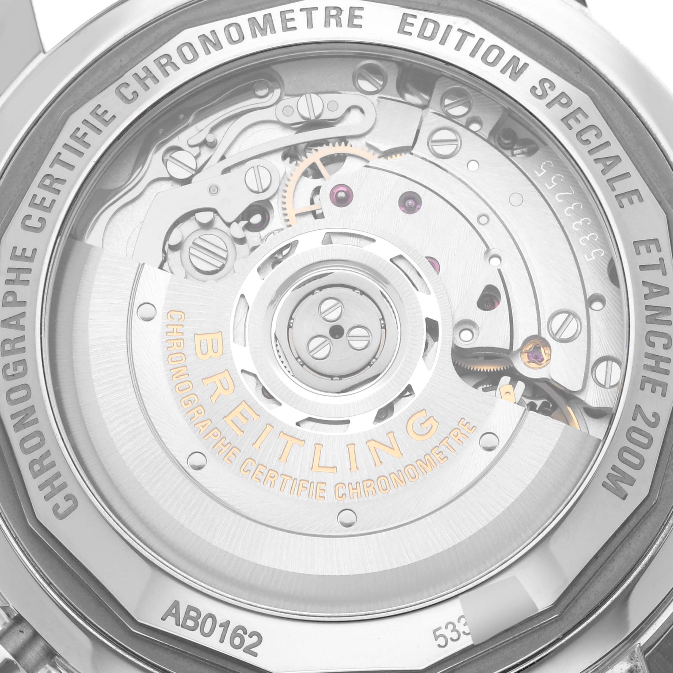 The image shows the back of a Breitling Superocean AB0162121C1S1 Men's Stainless Steel Blue Dial AB0162121C1S1 Men's Stainless Steel Blue Dial watch, highlighting its exposed movement and engravings.