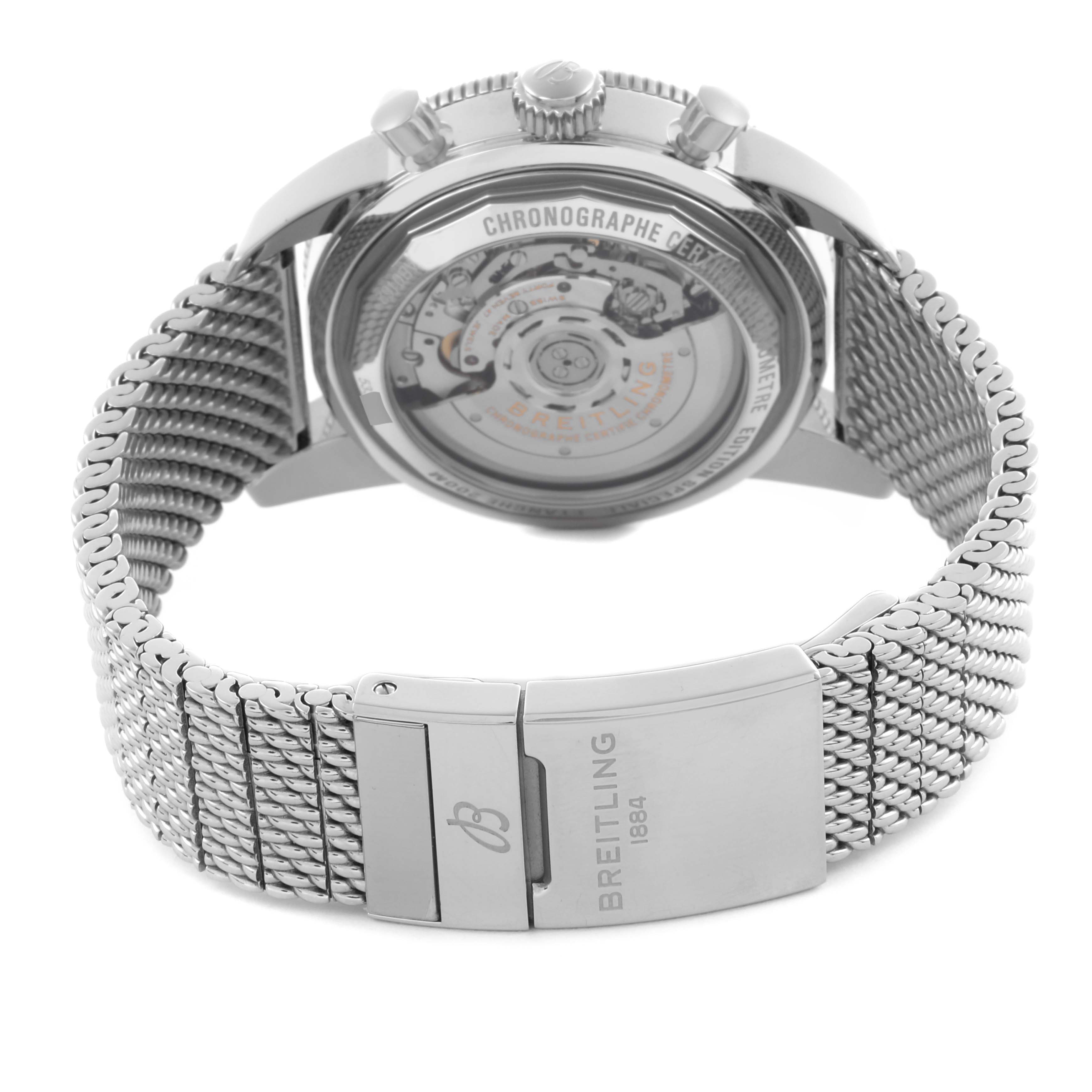 The Breitling Superocean AB0162121C1S1 Men's Stainless Steel Blue Dial AB0162121C1S1 Men's Stainless Steel Blue Dial watch is shown from the back, highlighting its case back, crown, and clasp with a mesh bracelet.