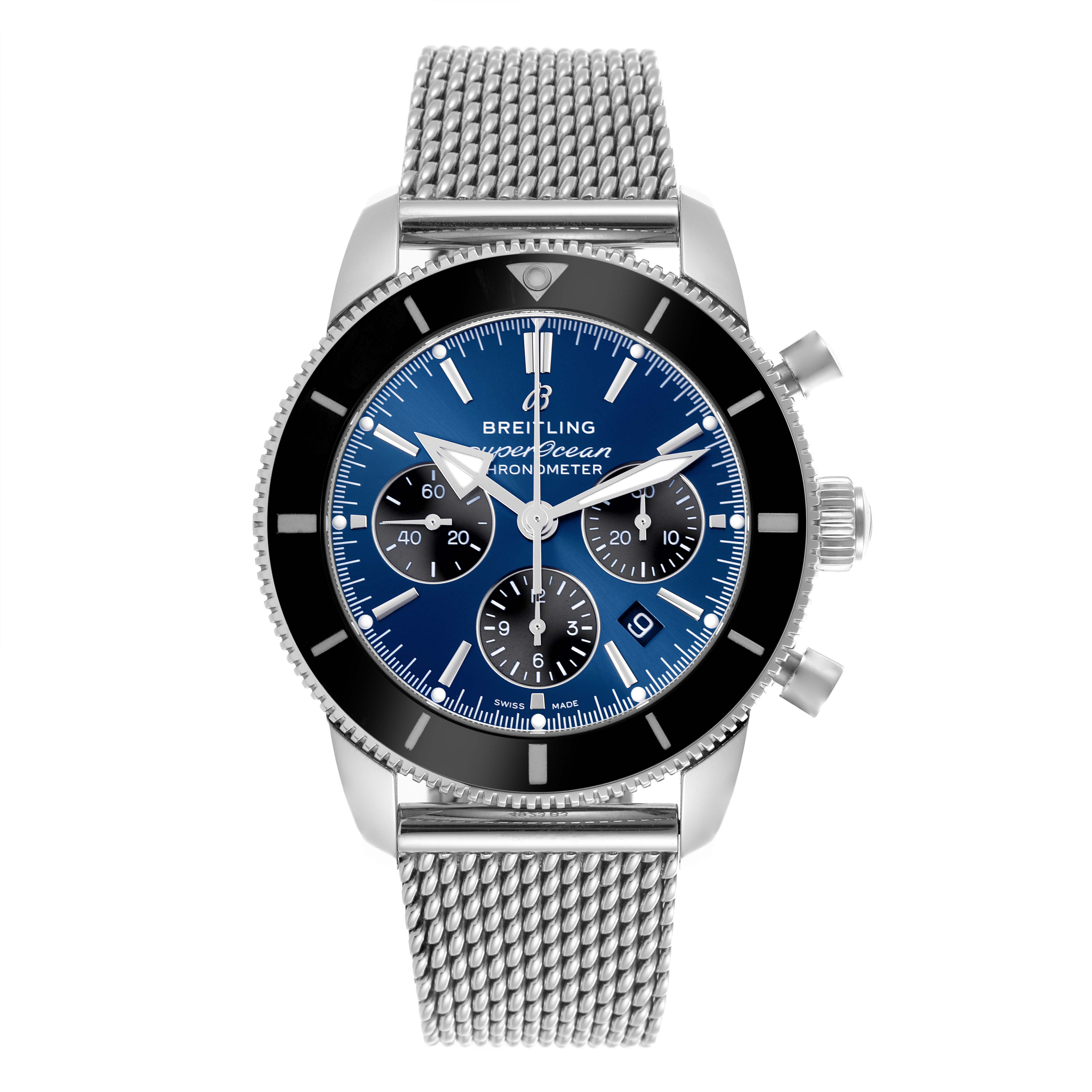The Breitling Superocean AB0162121C1S1 Men's Stainless Steel Blue Dial AB0162121C1S1 Men's Stainless Steel Blue Dial watch is shown from the front, highlighting the dial, bezel, mesh strap, and side buttons.
