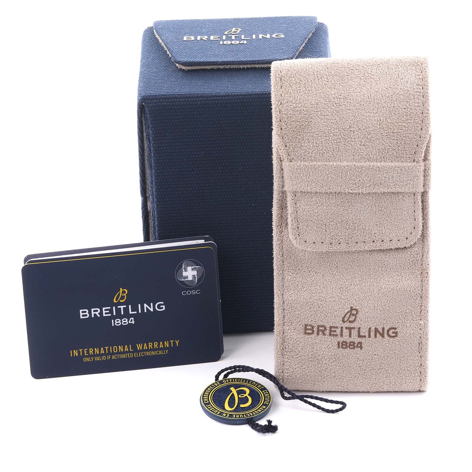 The image shows a Breitling Superocean AB0162121C1S1 Men's Stainless Steel Blue Dial AB0162121C1S1 Men's Stainless Steel Blue Dial model's packaging, warranty card, and a travel pouch from a front angle.
