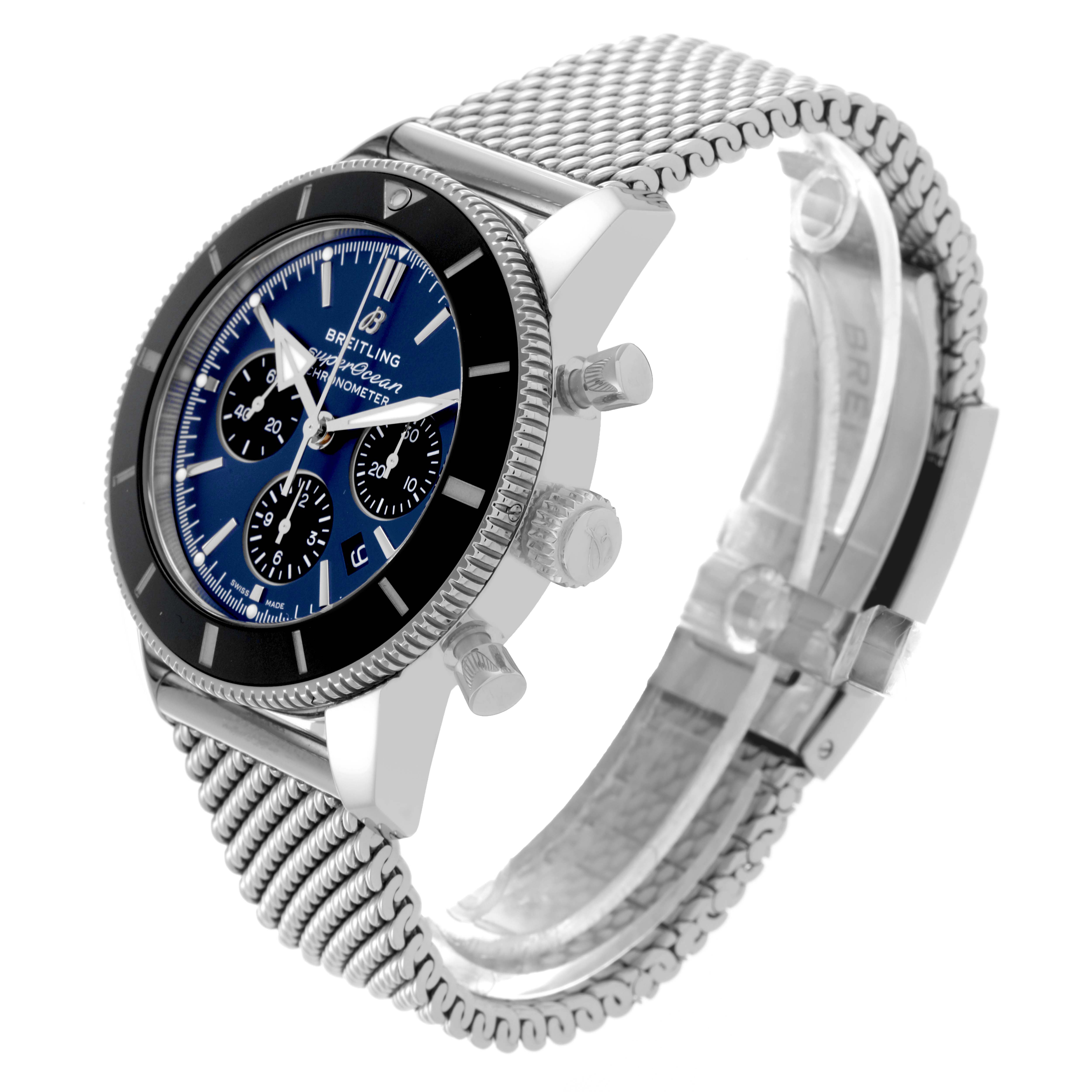 The Breitling Superocean AB0162121C1S1 Men's Stainless Steel Blue Dial AB0162121C1S1 Men's Stainless Steel Blue Dial watch is shown at a three-quarter angle, highlighting the dial, bezel, pushers, and mesh bracelet.