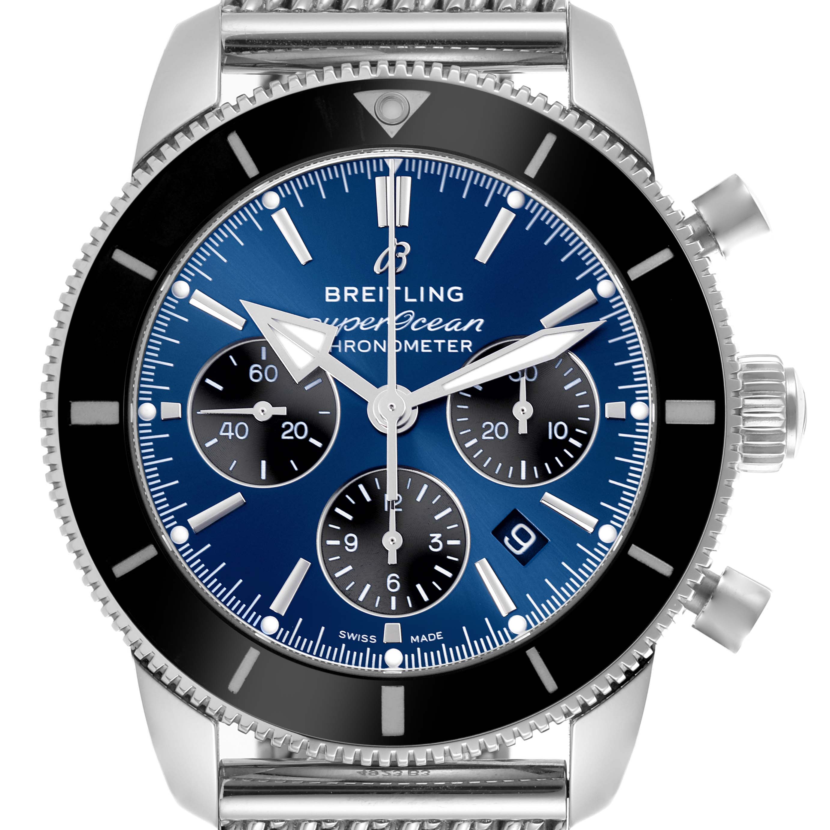 The Breitling Superocean AB0162121C1S1 Men's Stainless Steel Blue Dial AB0162121C1S1 Men's Stainless Steel Blue Dial watch is shown from a top-down angle, highlighting the face, bezel, crown, and pushers.
