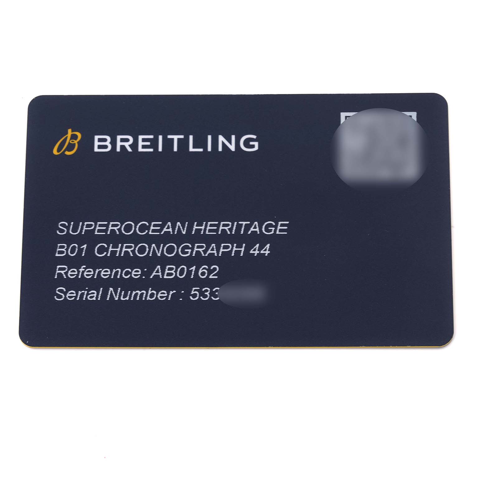 The image shows a flat, front view of a Breitling Superocean AB0162121C1S1 Men's Stainless Steel Blue Dial AB0162121C1S1 Men's Stainless Steel Blue Dial model warranty card with model details.