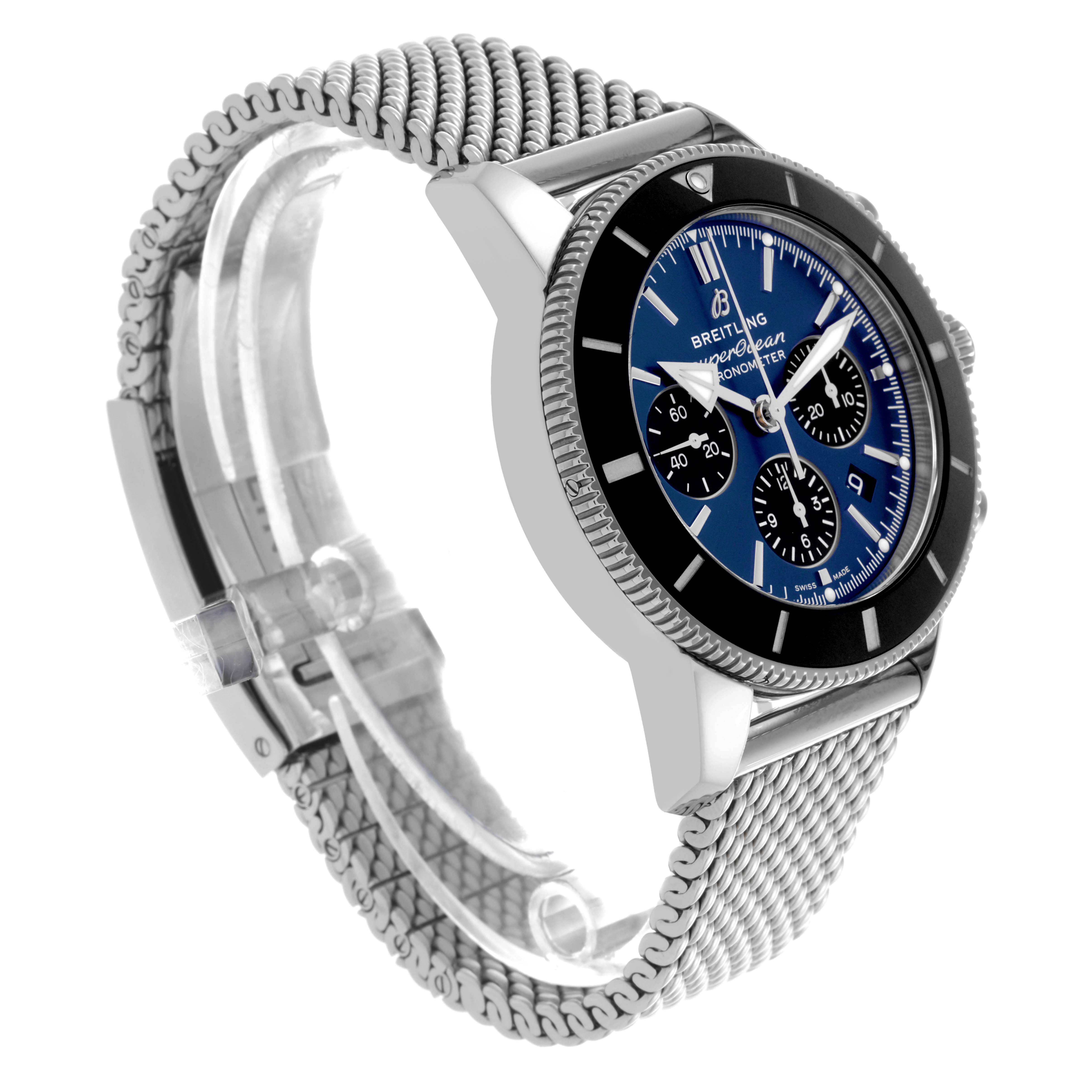 The Breitling Superocean AB0162121C1S1 Men's Stainless Steel Blue Dial AB0162121C1S1 Men's Stainless Steel Blue Dial watch is shown from a side angle, highlighting its bezel, dial, and mesh bracelet.