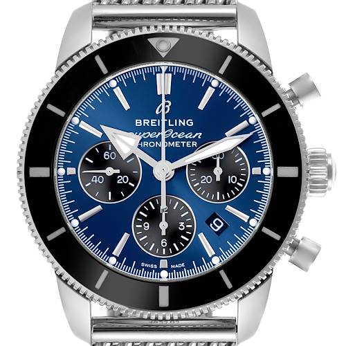 The Breitling Superocean watch is shown from a front view, highlighting the blue dial, subdials, bezel, and crown.