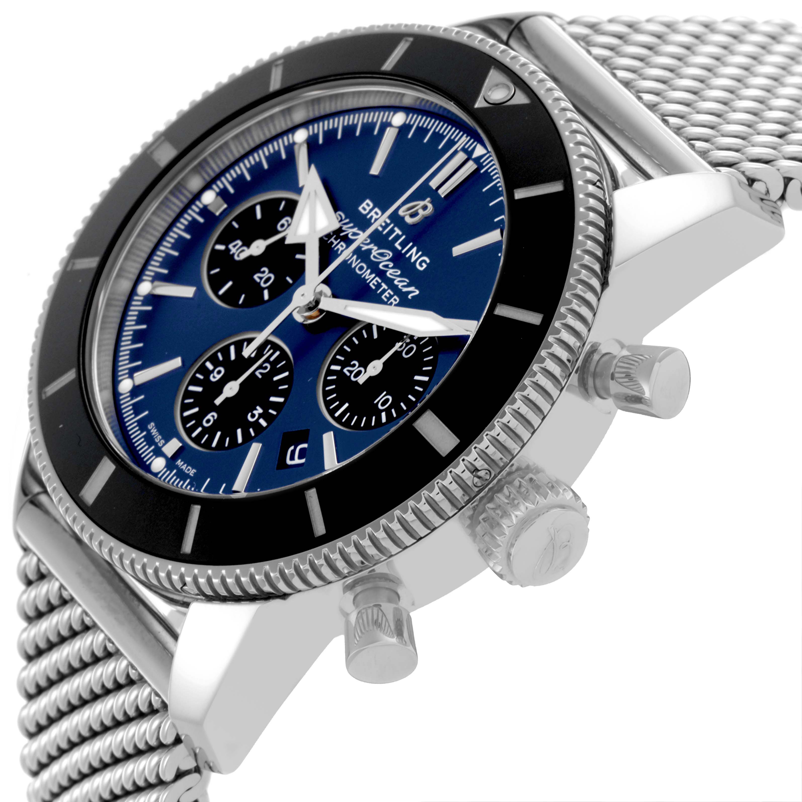 The Breitling Superocean AB0162121C1S1 Men's Stainless Steel Blue Dial AB0162121C1S1 Men's Stainless Steel Blue Dial watch is shown from a side angle displaying its bezel, blue dial, crown, pushers, and mesh bracelet.