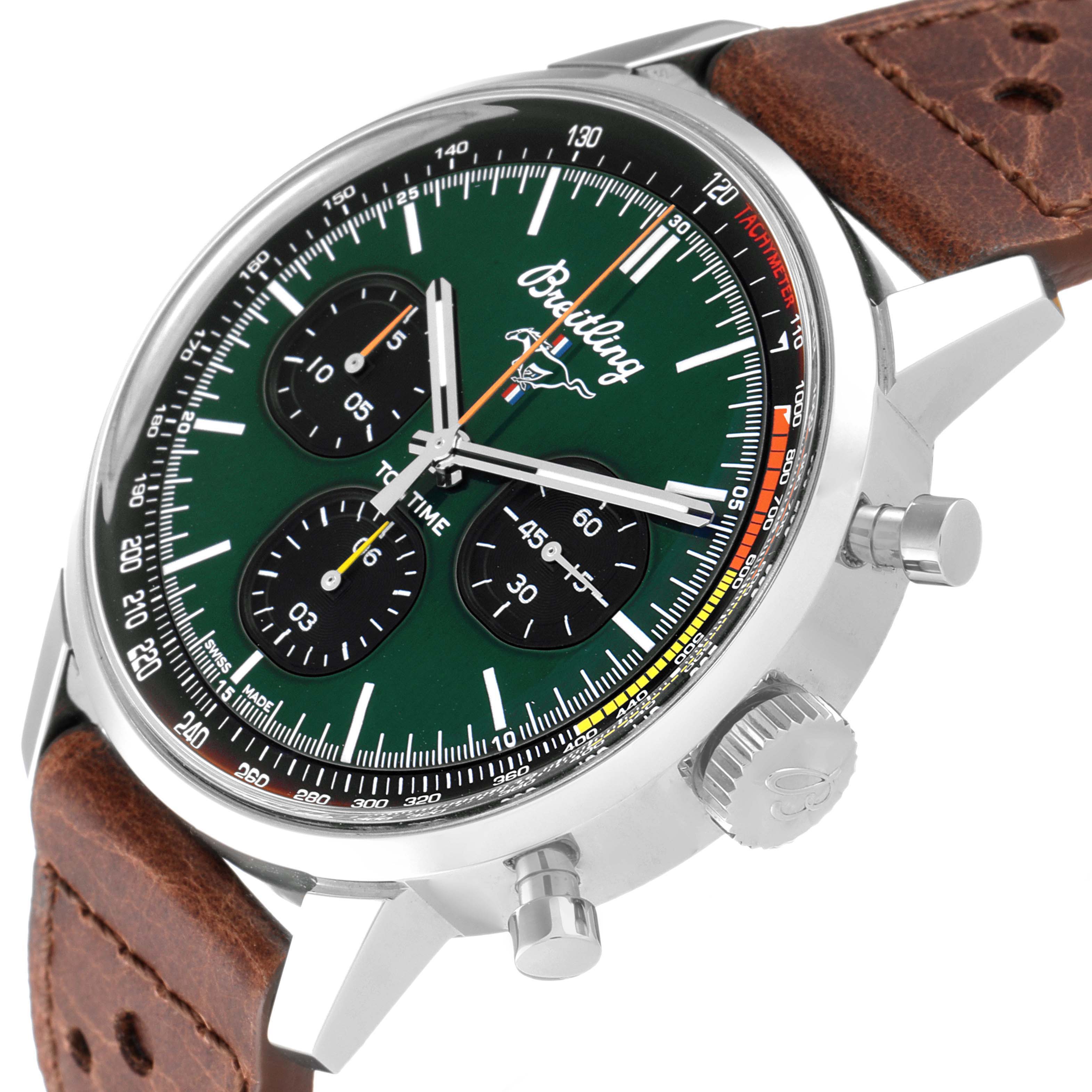 The image shows a side angle of the Breitling Limited Series watch, highlighting its green dial, chronograph subdials, and brown leather strap.
