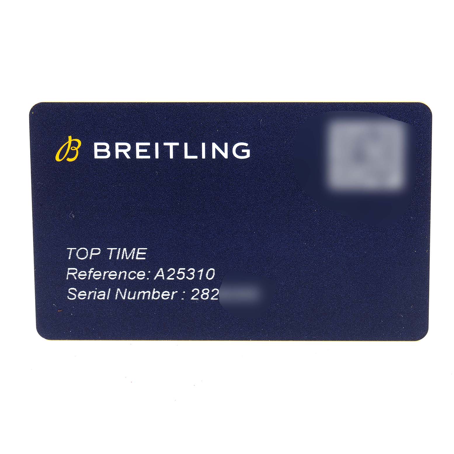 This image shows a Breitling Top Time Limited Series reference card with model and serial number details.