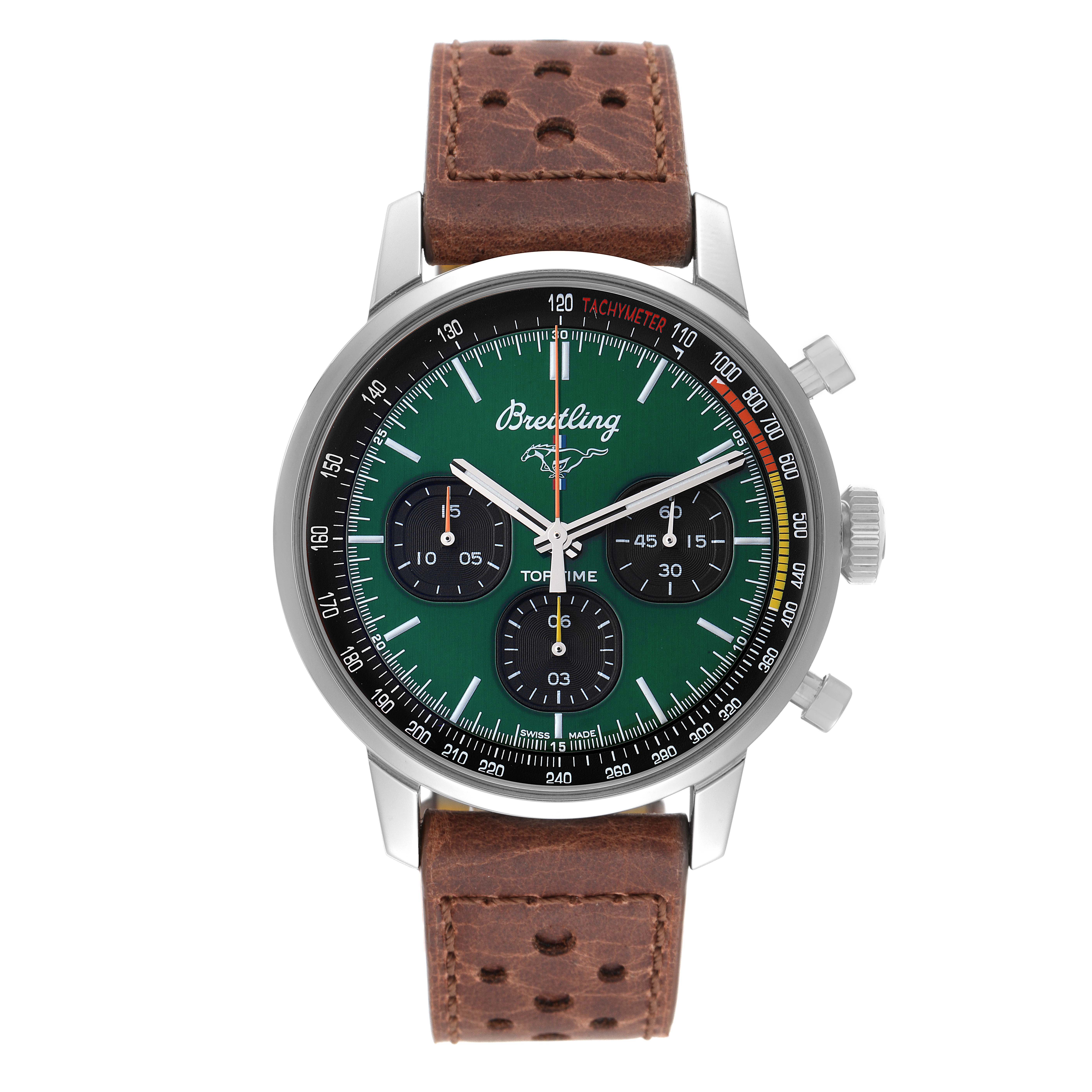 This image shows a frontal view of the Breitling Top Time Limited Series watch with a green dial and brown leather strap.