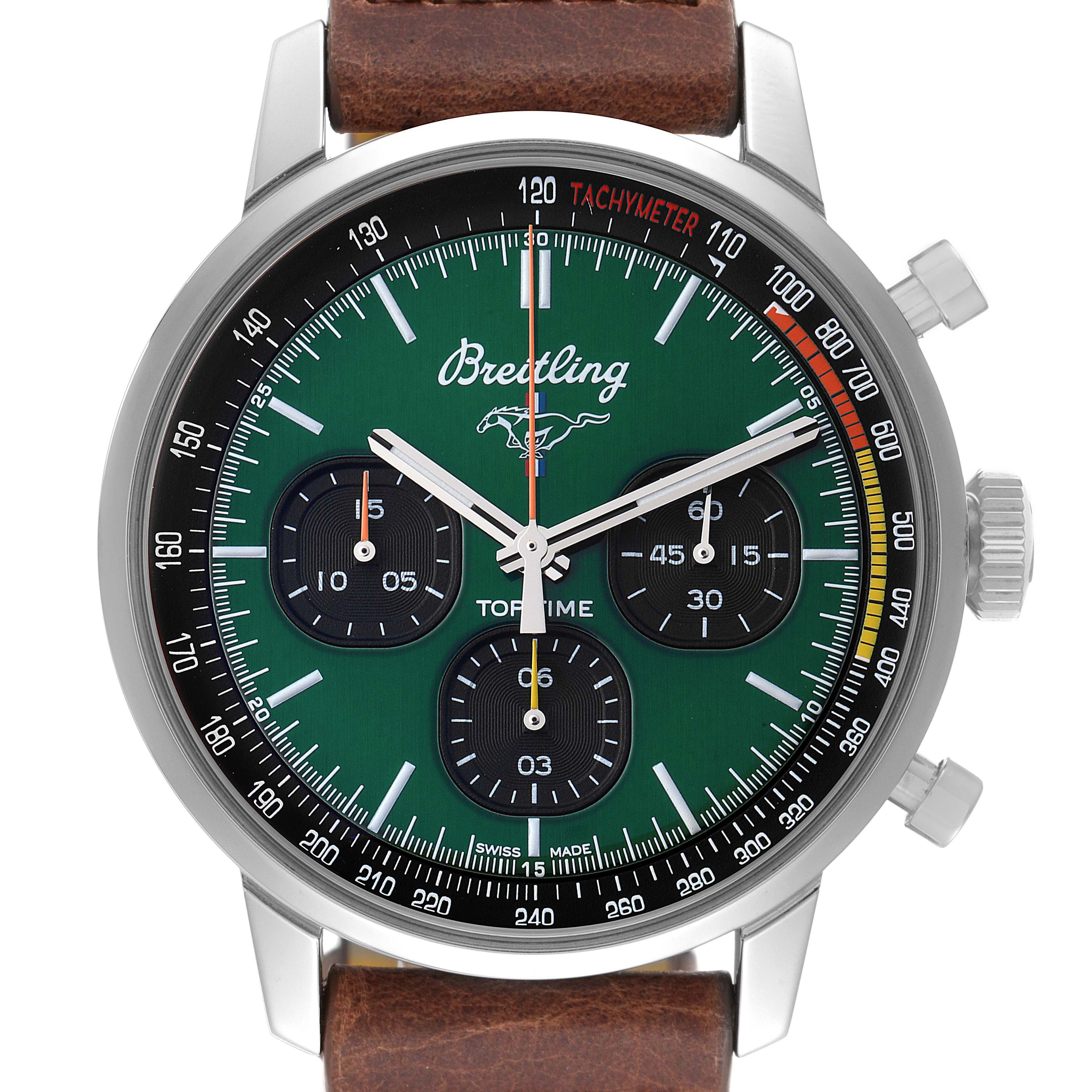 The image shows the face of a Breitling Premier A253101A1L1X1 Men's Stainless Steel Green Dial A253101A1L1X1 Men's Stainless Steel Green Dial model watch, featuring a green dial, chronograph subdials, and a brown leather strap.