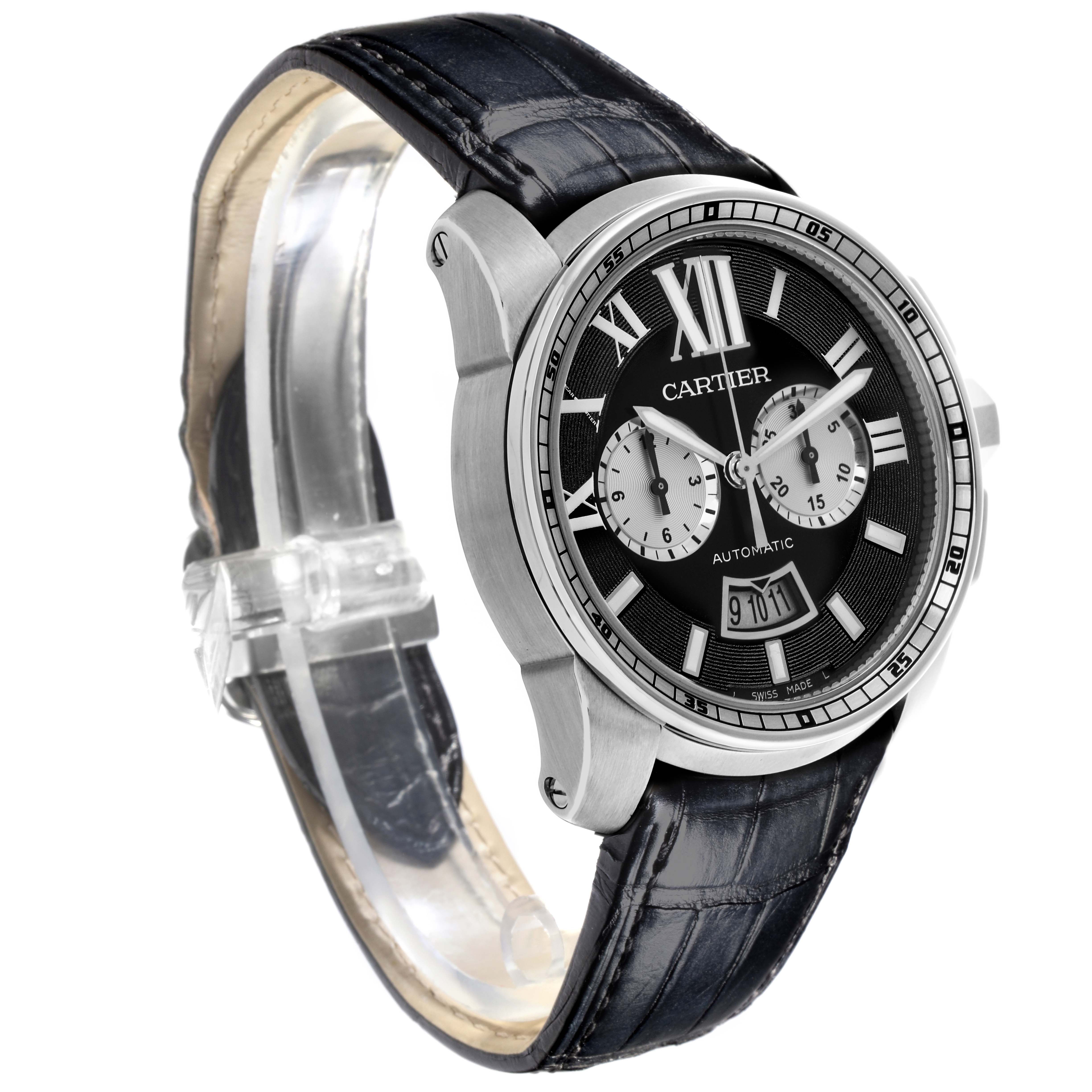 The Calibre de Cartier watch is shown from a front-left angle, highlighting the dial, bezel, and leather strap.