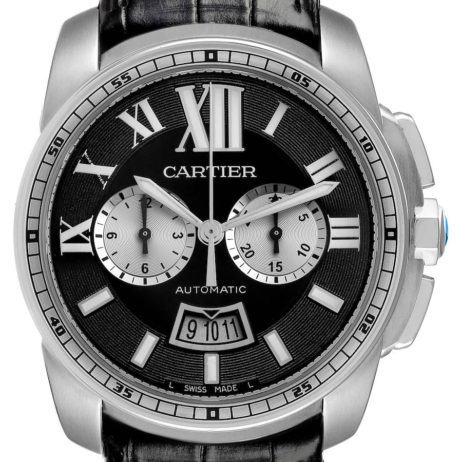 The Calibre de Cartier watch is shown from a front angle, displaying its dial, subdials, and part of the leather strap.