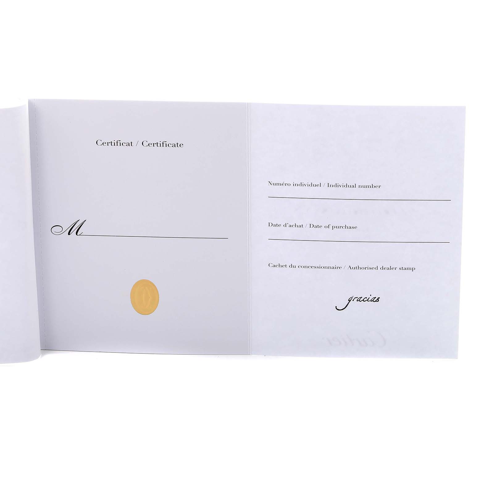 The image shows the warranty certificate for a Calibre de Cartier watch by Cartier, displaying blank fields for details.