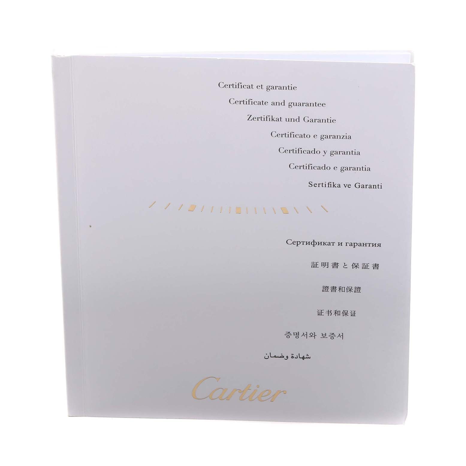 This image shows the certificate and guarantee for the Calibre de Cartier model by Cartier from a front view.