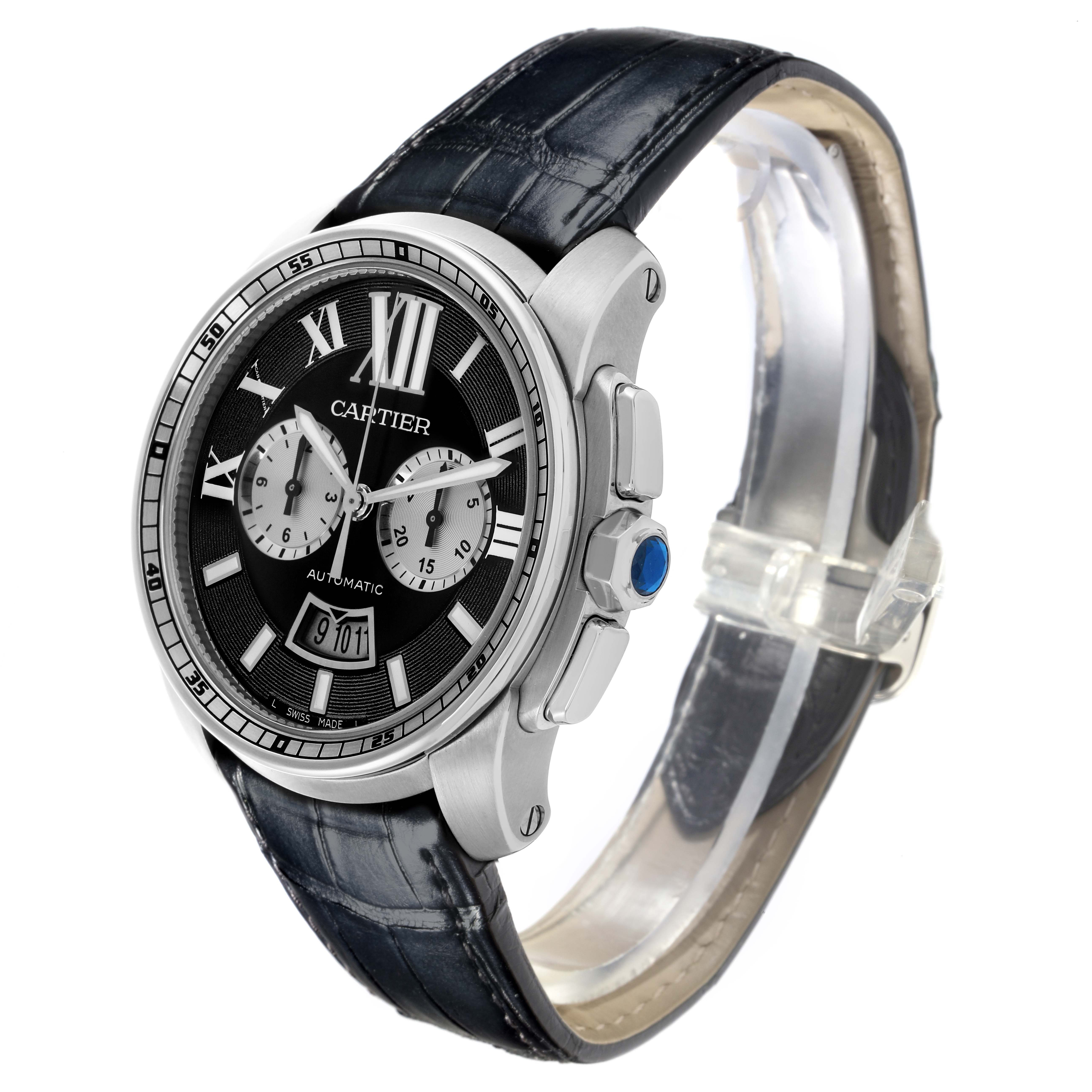 The Calibre de Cartier watch is shown at a three-quarter angle, displaying the face, side, crown, and strap.