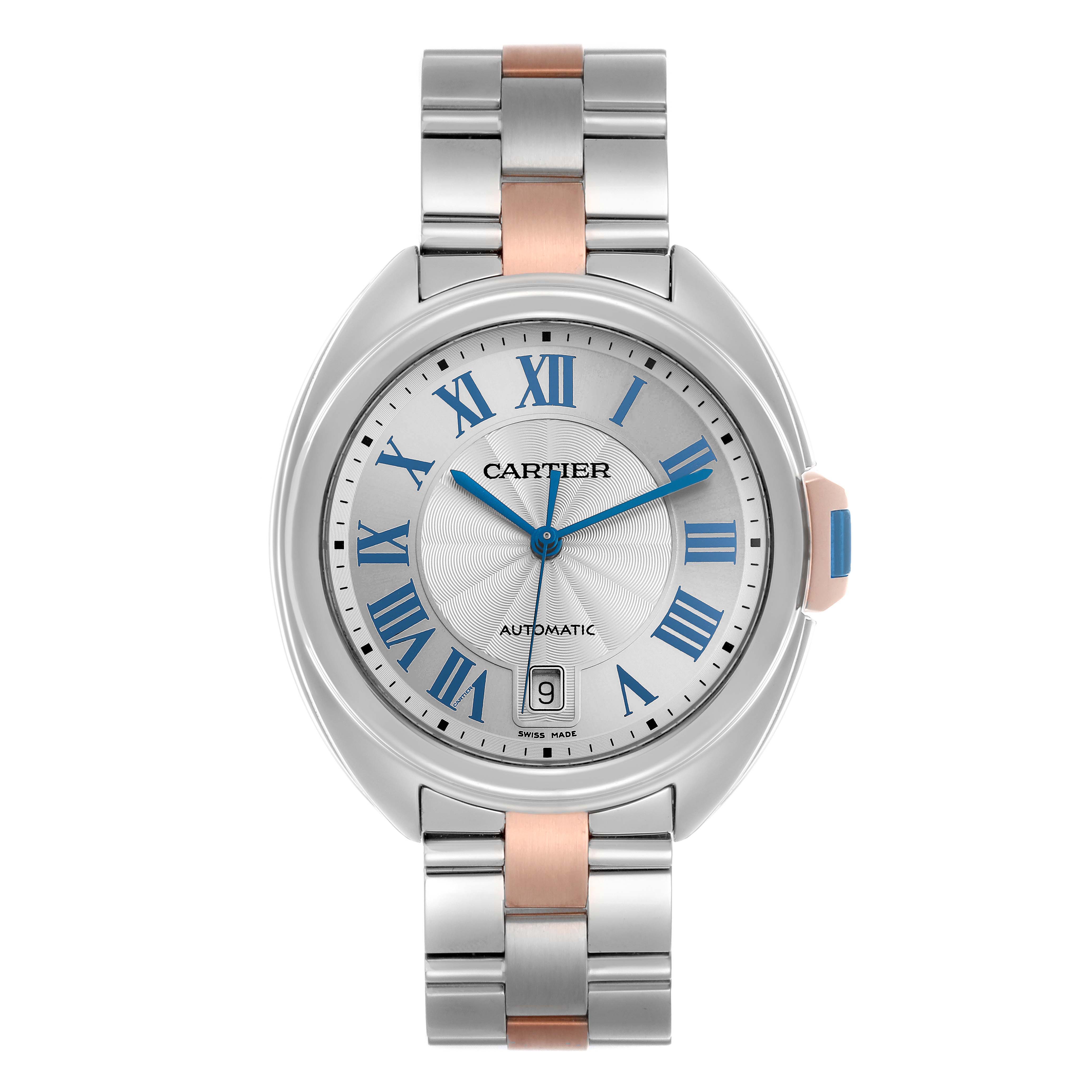 The Cartier Clé watch is shown from a front angle, displaying the face, bezel, bracelet, and crown.