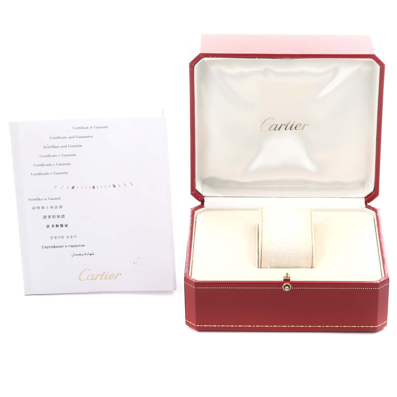 The image shows the open case and warranty documents for a Cartier Clé watch.