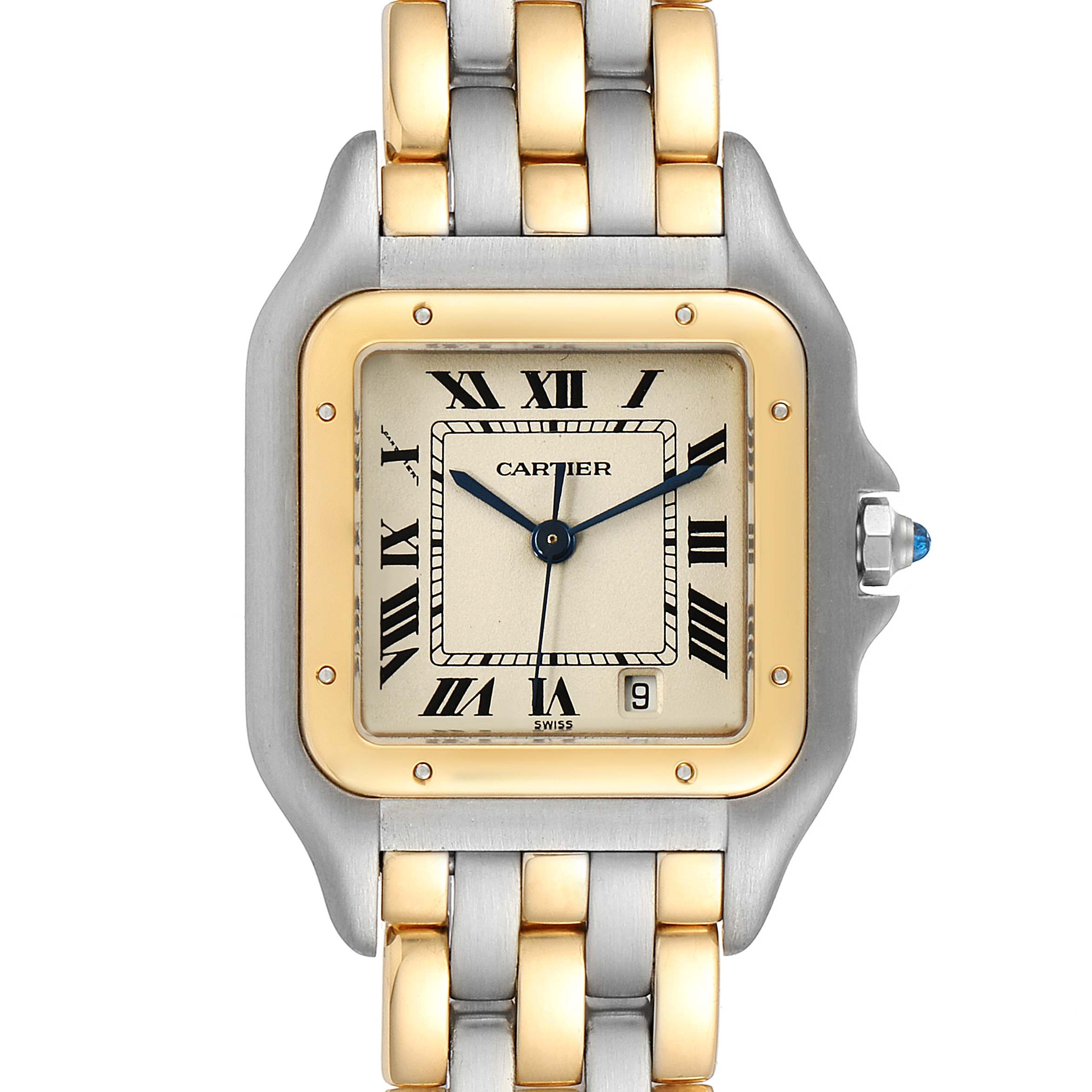 This image shows a close-up, front view of the Cartier Panthere W25028B6 Women
s Steel and Gold (two tone) Silver Dial W25028B6 Women
s Steel and Gold (two tone) Silver Dial watch, highlighting its face, bezel, and part of the bracelet.