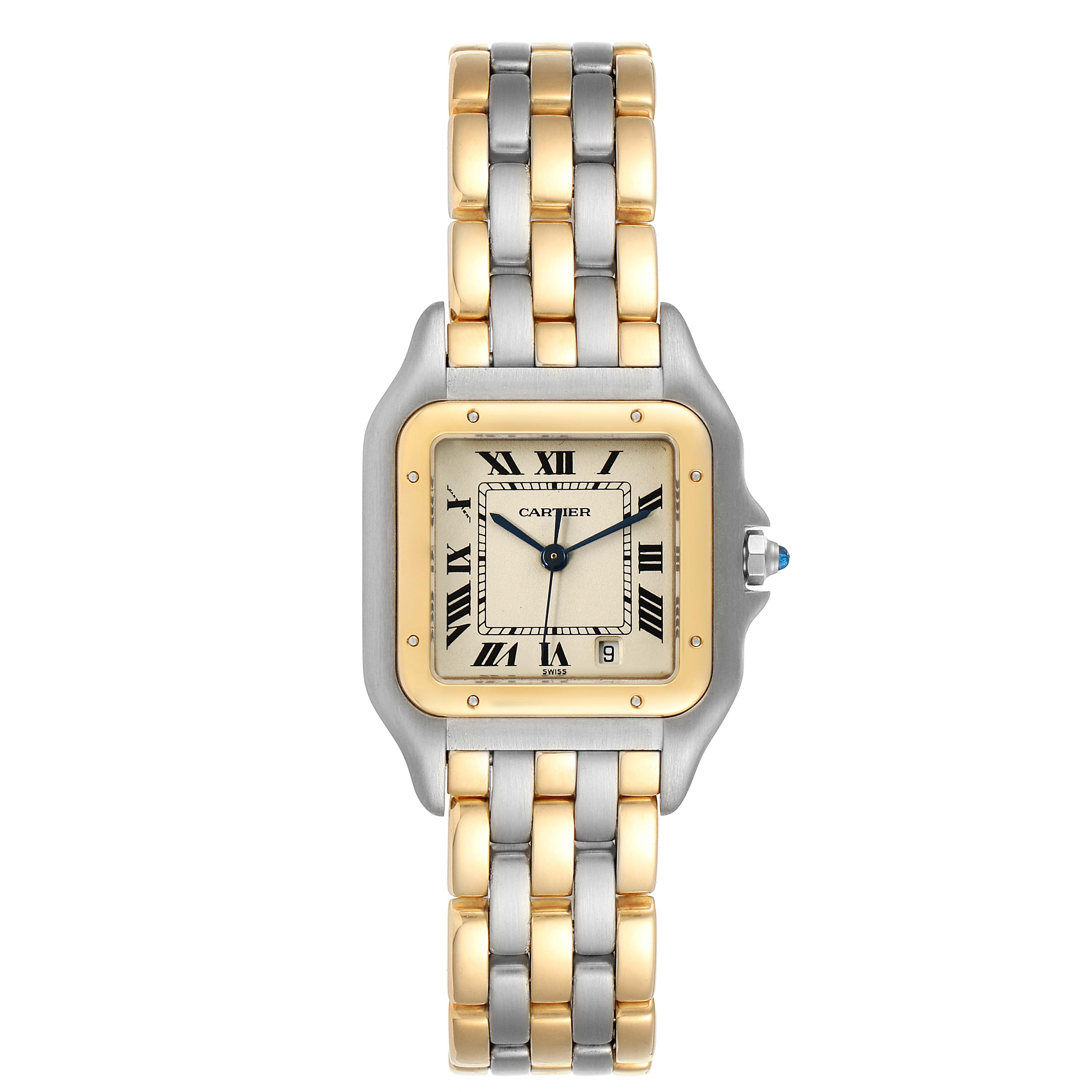This image features a direct front view of the Cartier Panthere W25028B6 Women
s Steel and Gold (two tone) Silver Dial W25028B6 Women
s Steel and Gold (two tone) Silver Dial watch, showcasing its gold and silver bracelet and square face.