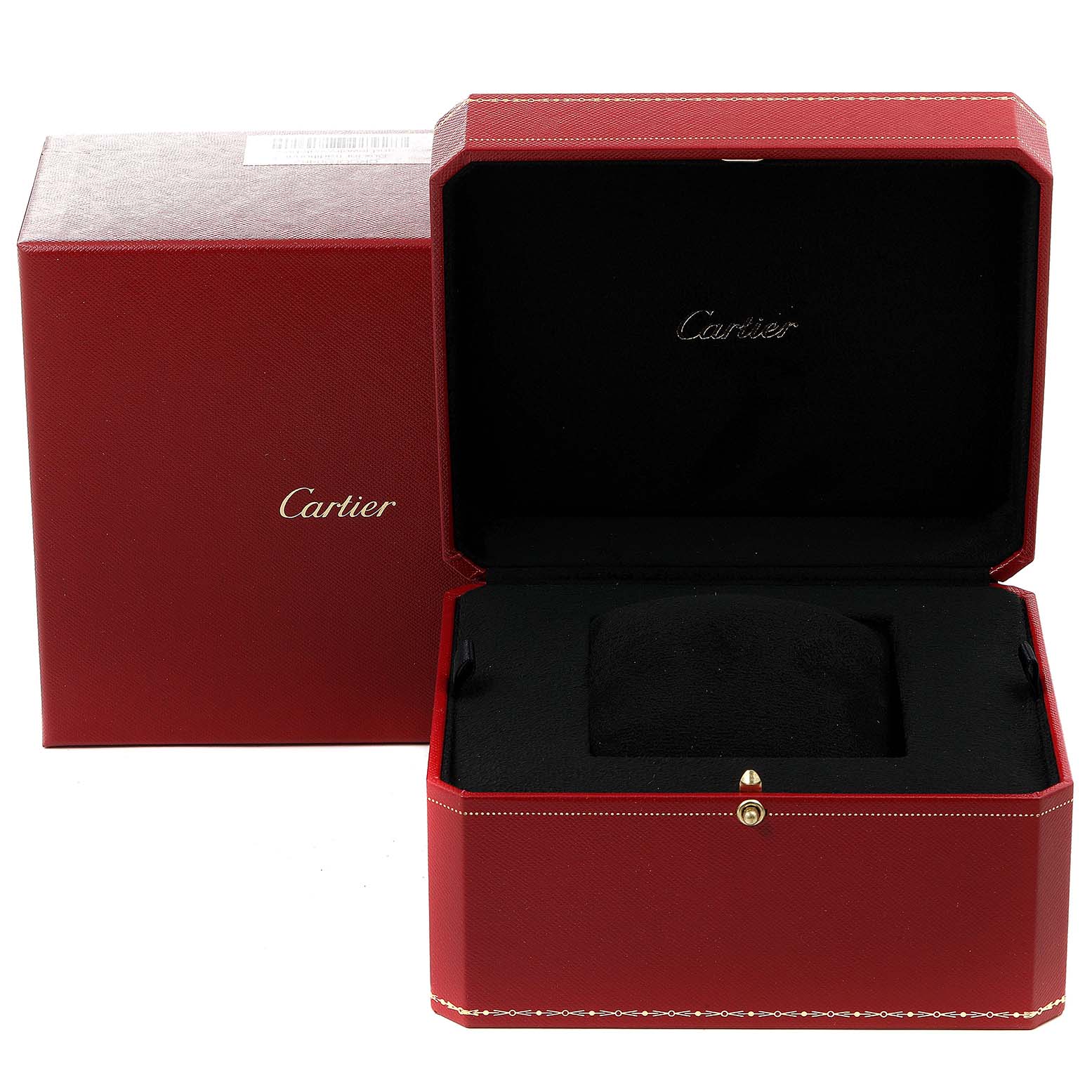 The image shows an open red Cartier box and an empty black cushion for a Panthère model watch by Cartier.